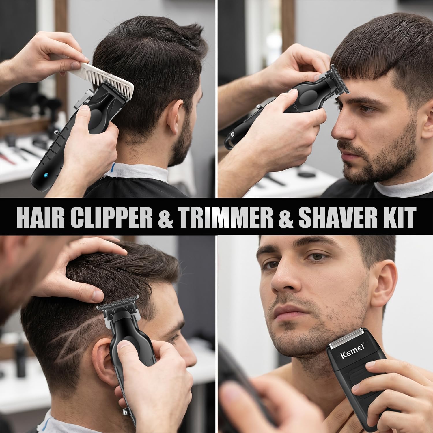 KEMEI Professionelles Haarschneidemaschinen-Set für Männer, schnurloser Haarschneider & Folienrasierer, Friseurschneider mit 2500 mAh großem Akku, R-Typ verstellbar, Ladestation