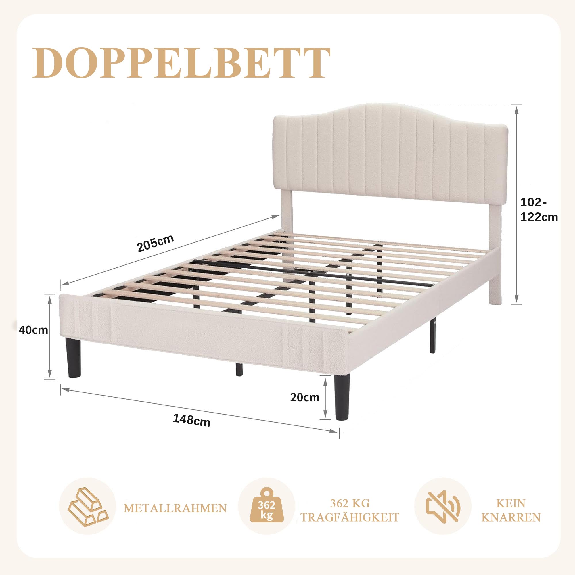 VECELO Polsterbett 140x200 cm Doppelbett, Bettgestell aus Teddy-Stoff mit höhenverstellbarem Kopfteil und Lattenrost aus Massivholz, 20 cm Stauraum unter dem Bett, modern, geräuscharm, beige