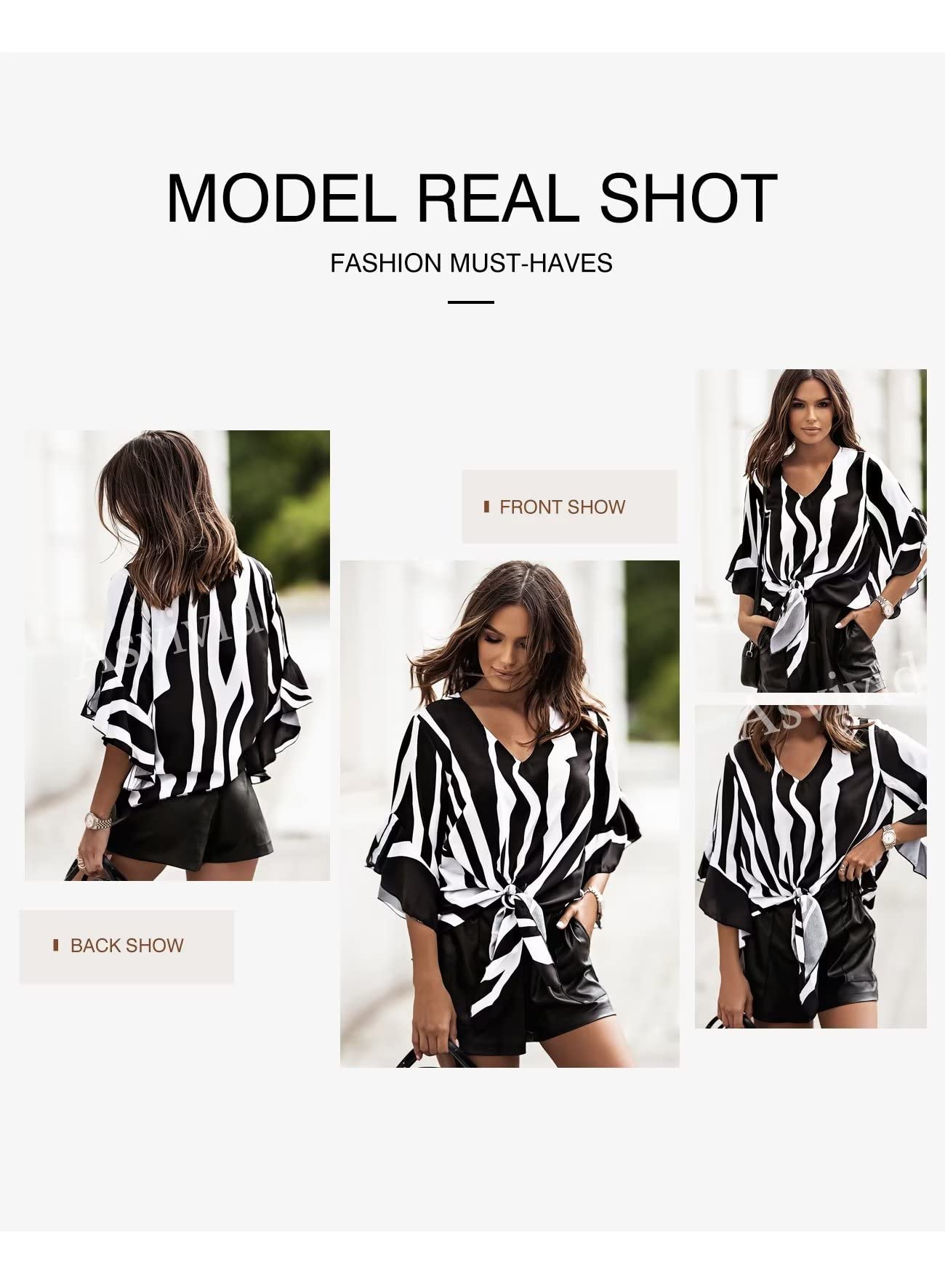 Asvivid Womens Striped Printed V Neck Tops Fall Flared Long Bell Sleeve Blouses Casual Tie Knot Ladies T-Shirt XXL Black