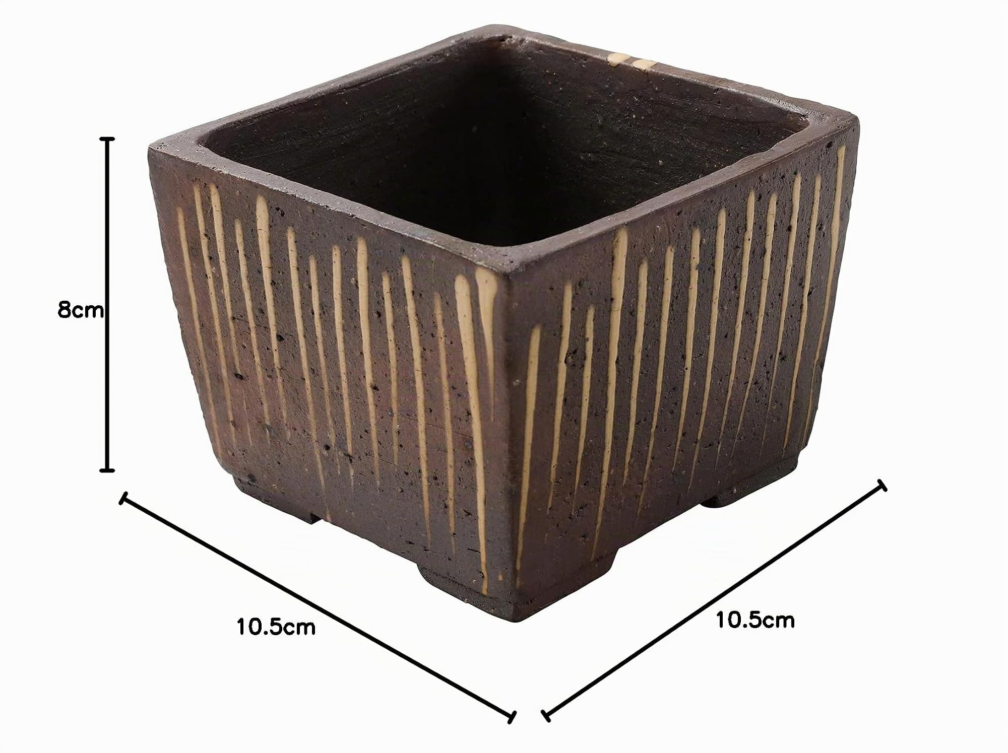Wazakura Tokoname Series Petit Pot à Bonsaï et Fleurs, Design Carré Rayé, Fait à la Main avec Trou de Drainage 105 mm, Fabriqué au Japon, Récipient de Jardin en Céramique et Décoratif – Marron