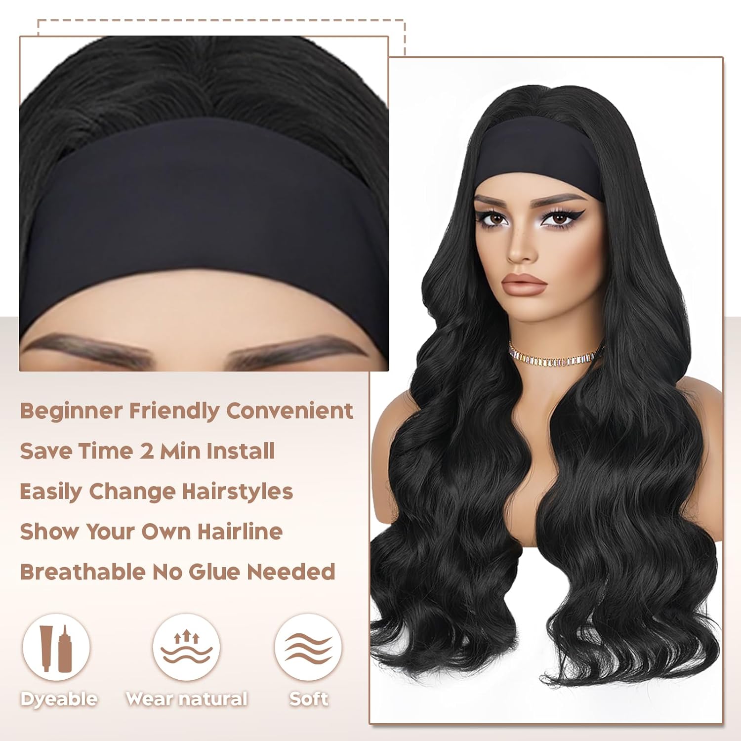 Body Wave Headband Wig - Long Black Loose Wavy Headband Wigs for Women, Soft Synthetic Wear & Go Glueless Wigs,Fashion-Forward Look, Ideal for Special Occasions & Daily Wear Black1-22in