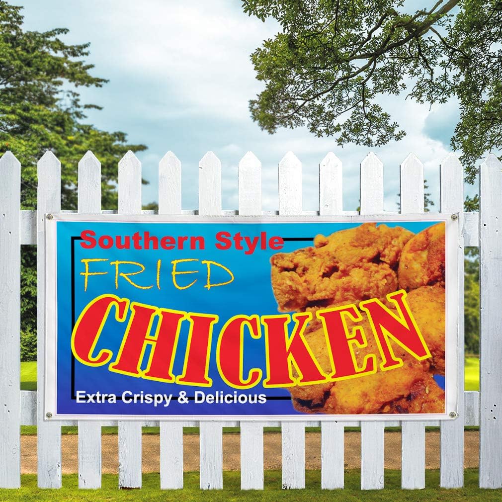 Vinyl Banner Multiple Sizes Southern Style Fried Chicken Restaurant Cafe A Restaurant & Food Outdoor Weatherproof Industrial Yard Signs Brown 4 Grommets 16x40Inches