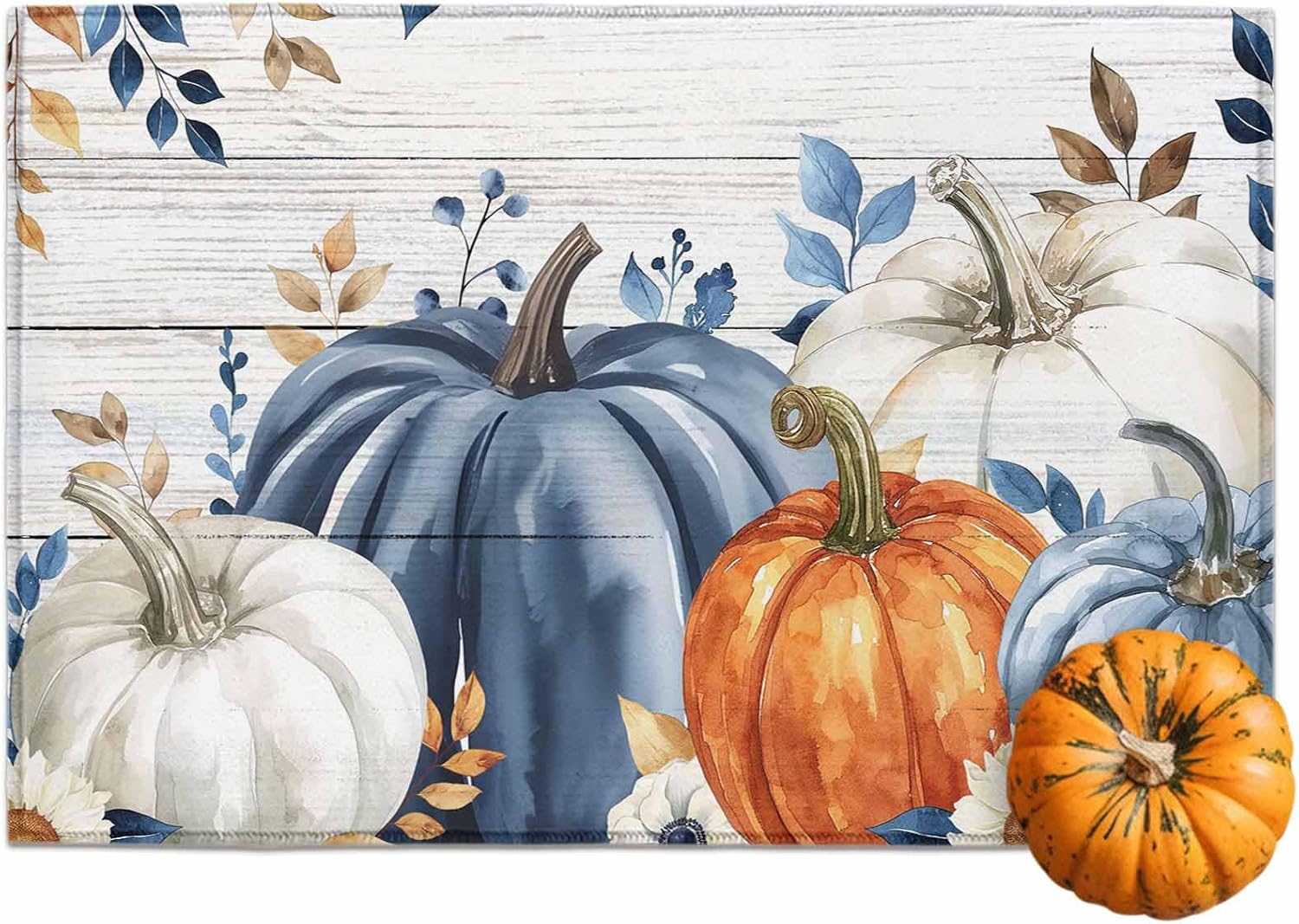 Fall Decorations for Home, Pumpkin Front Door Mat Indoor Entrance, Eucalyptus Leaf Non Slip Doormat Thanksgiving Wooden Grain Orange Absorbent Mats Washable Low Profile Rugs for Entryway, 16''x24''