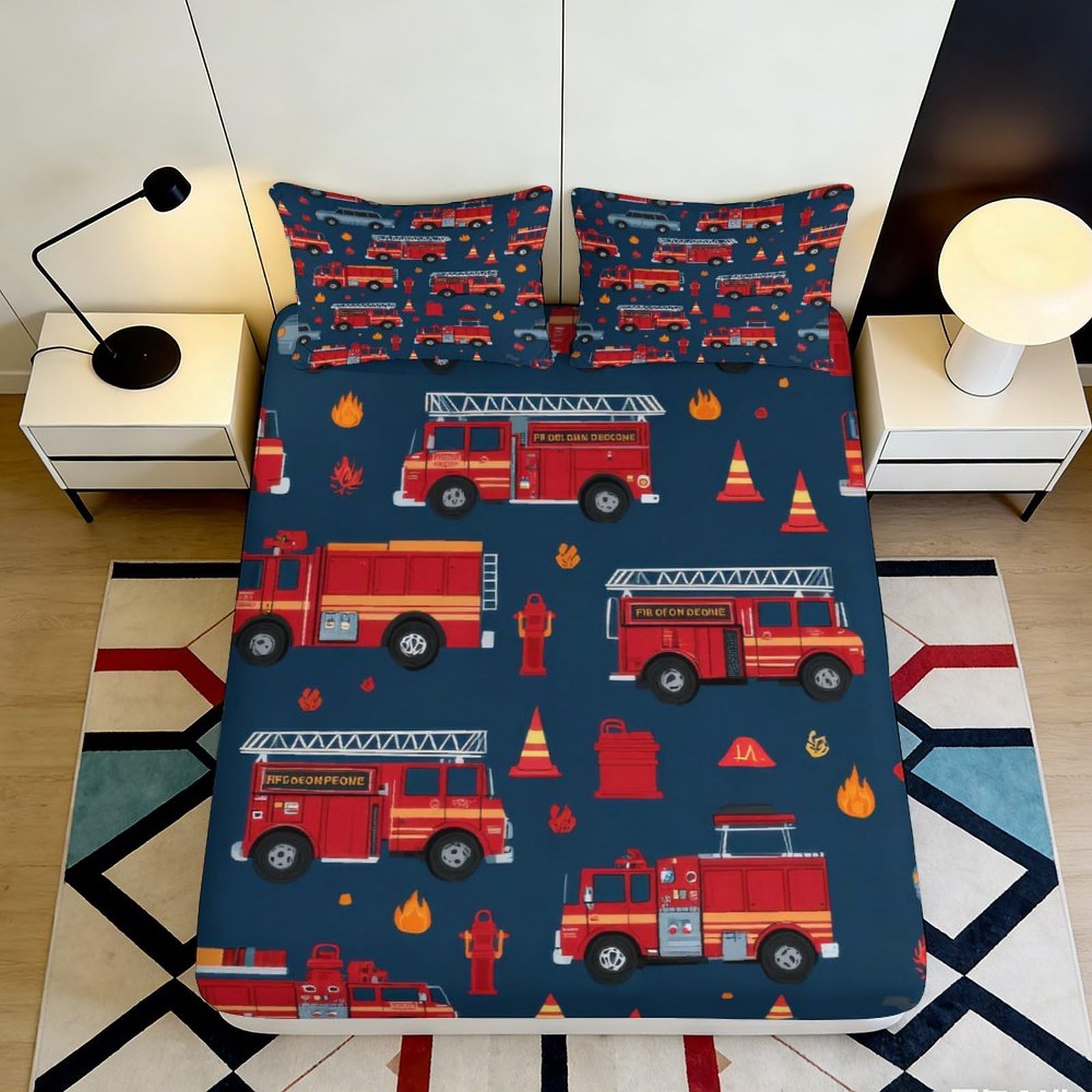 3D Printed Fire Truck Fitted Sheet Microfiber Anti-Slip Flame Cone Bed Cover for Bedroom Guest Room Decor 90x200x25cm