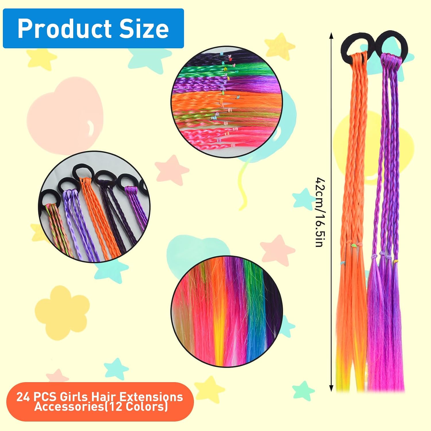24 Pcs Colored Braided Hair Extensions with Rubber Bands Rainbow Braided Synthetic Hairpieces Ponytail Braided Ponytail Extension for Women Kids Girls Party,Highlights Cosplay Dress Up