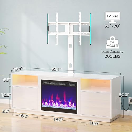 Miniatura 3 de Rolanstar Fireplace TV Stand with Led Lights and Power Outlets, Entertainment Center with Electric Fireplace, Swivel TV Stand Mount for 45/55/60/65