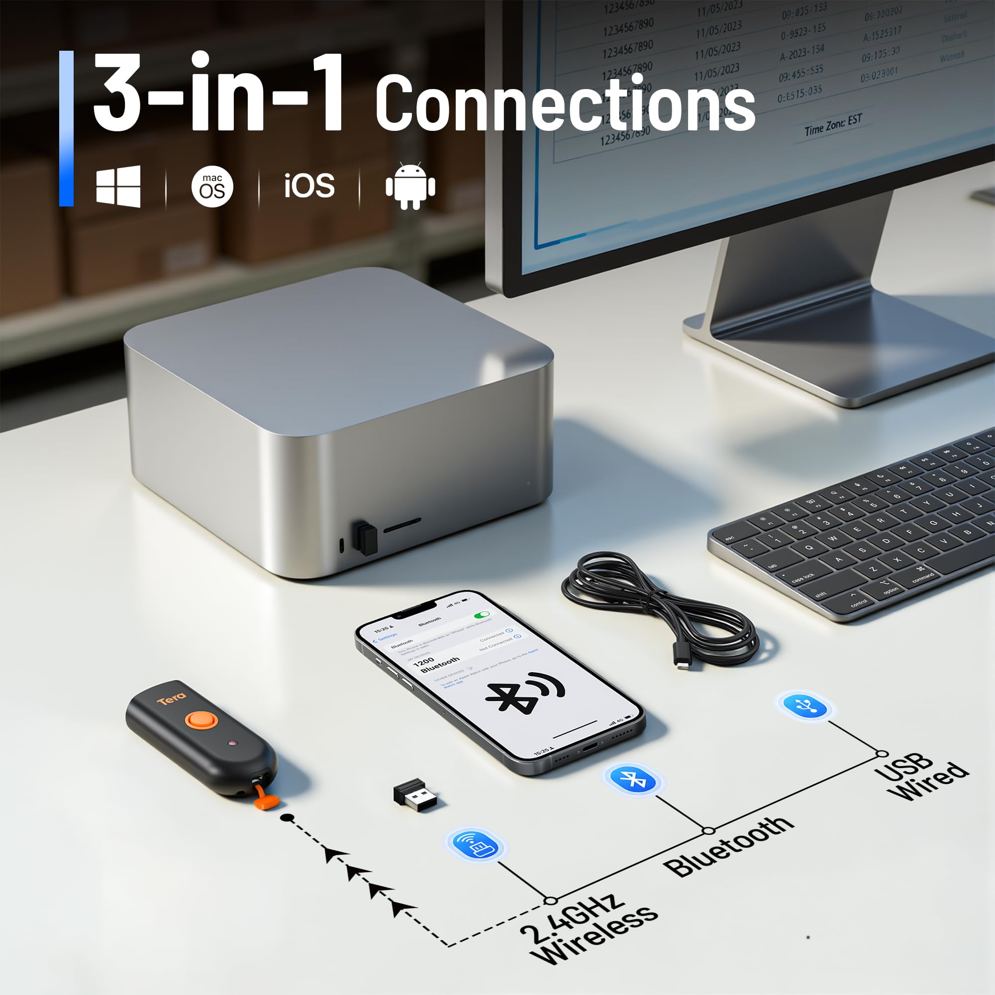 Tera Mini Lectores de Códigos de Barras Bluetooth Inalámbricos con USB (3 en 1) 1D/2D Escáner Portátil de Códigos QR de Mano Compatible con iOS Android Windows, Modelo 1100 2D-Nuevo