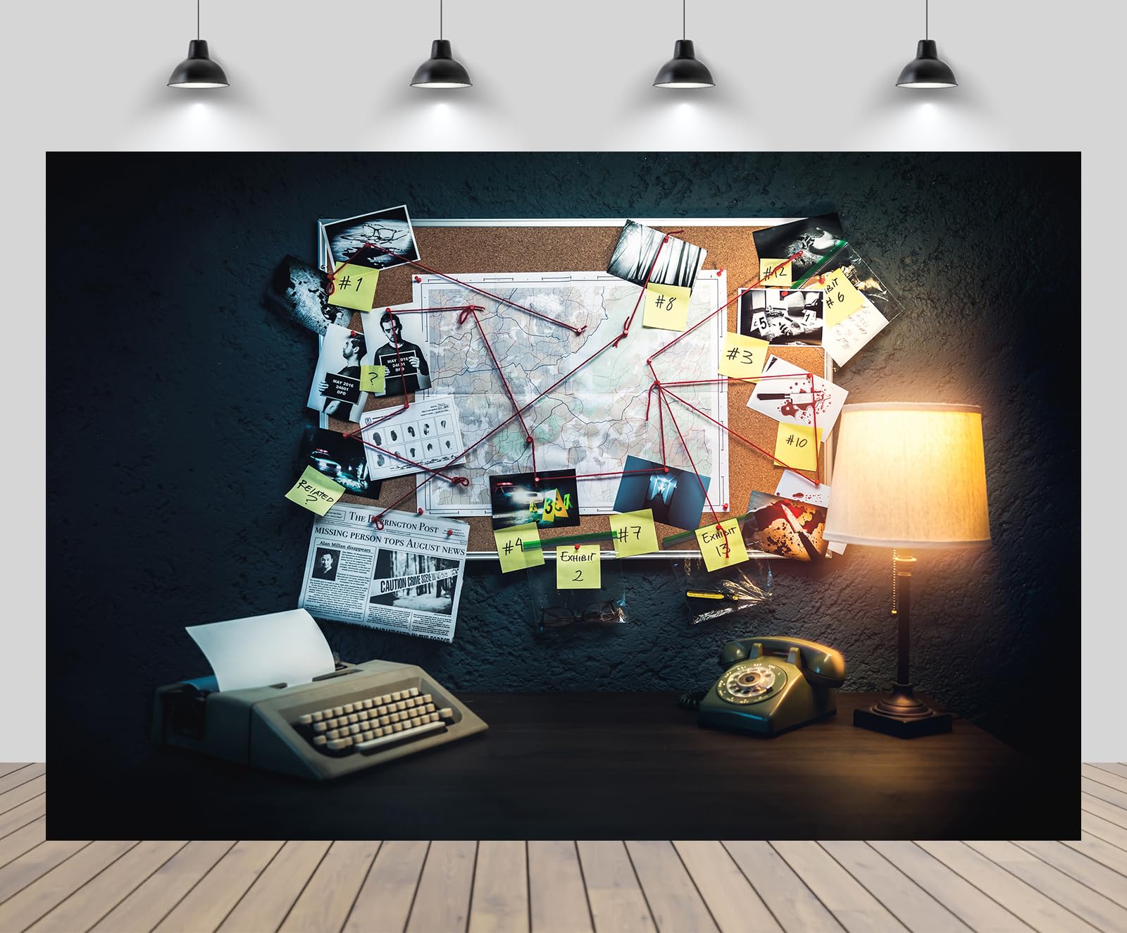 CHNYWORK 8x6ft Detective Board Backdrop Crime Scene Photos Map Evidence Clues Spies Old Telephone Typewriter Background Secret Mission Murder Mystery
