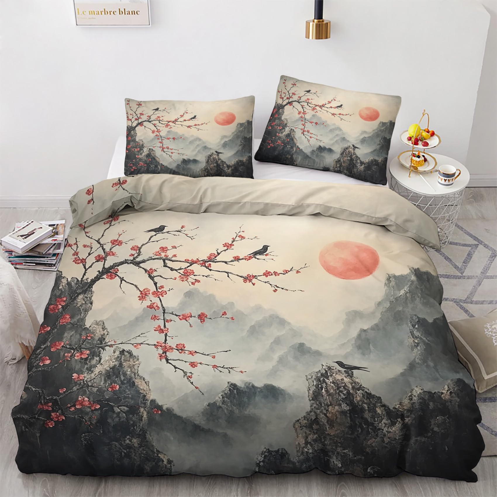 Nogawa Multicolor Japanese Landscape Bedding Sets King Size - Chinese Oriental Duvet Cover King Size, Reversible Quilt Cover & 2 Pillowcases With Zip And Ties, Breathable Brushed Microfibre Bed Set