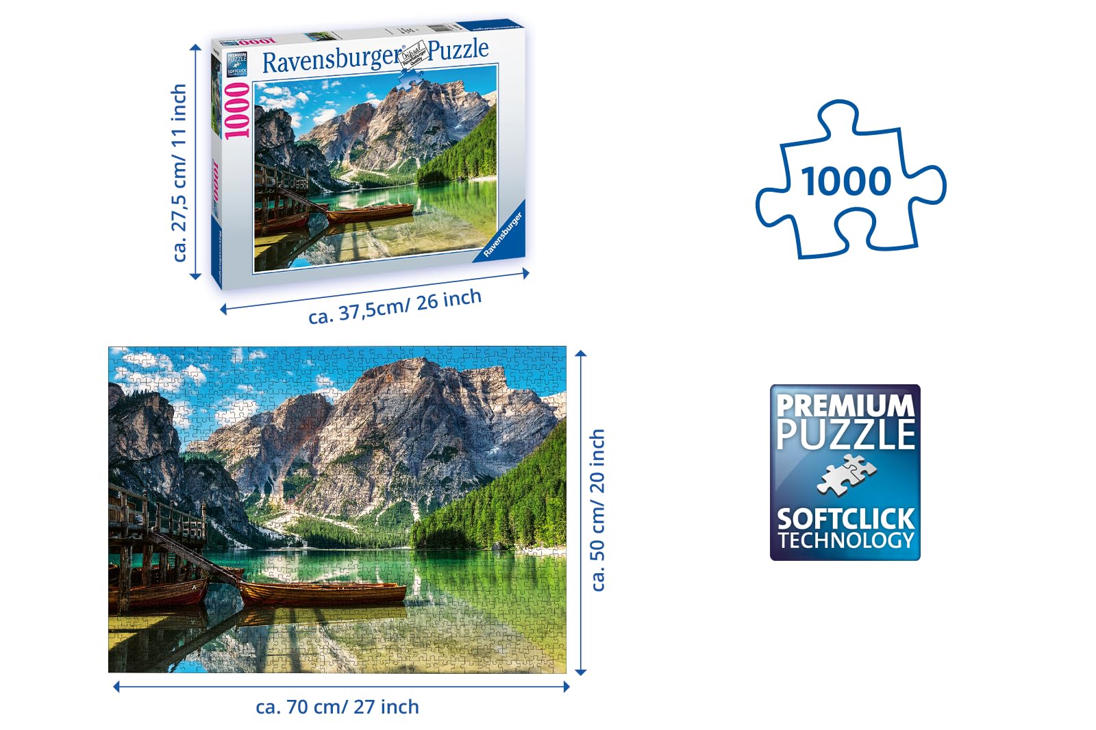 Ravensburger - Puzzle Lago di Braies, 1000 Pezzi, Puzzle Paesaggi per Adulti e Ragazzi, Idea Regalo per Lei o Lui, 70x50 cm, Esclusiva Amazon