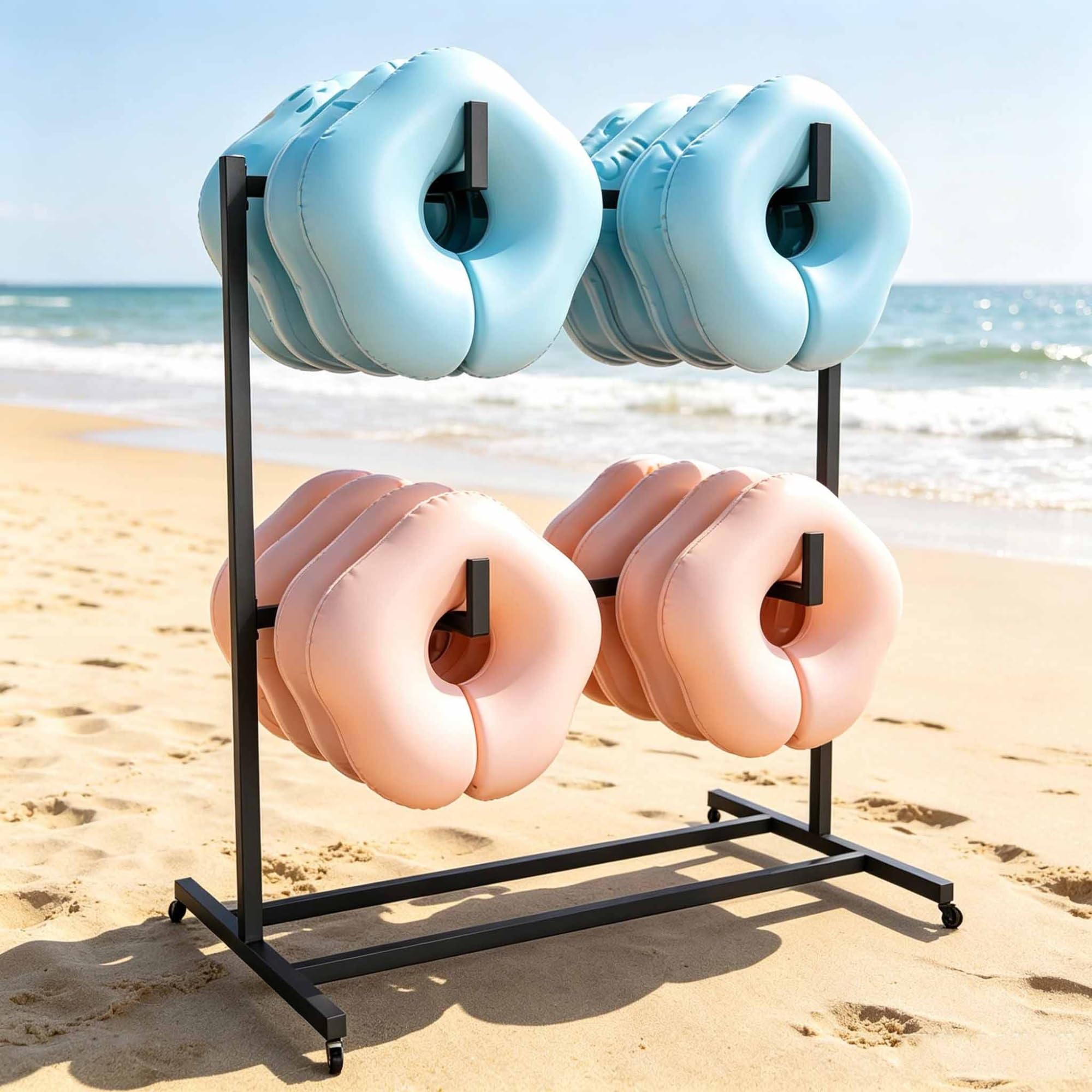 Asiwnshw Metal Swim Ring & Float Storage Rack, 2-Tier Swimming Equipments Drying Stand, Rolling Pool Float Storage Organizer with Wheels & Crossbar for Outdoor Poolside Beach(Black,Large)