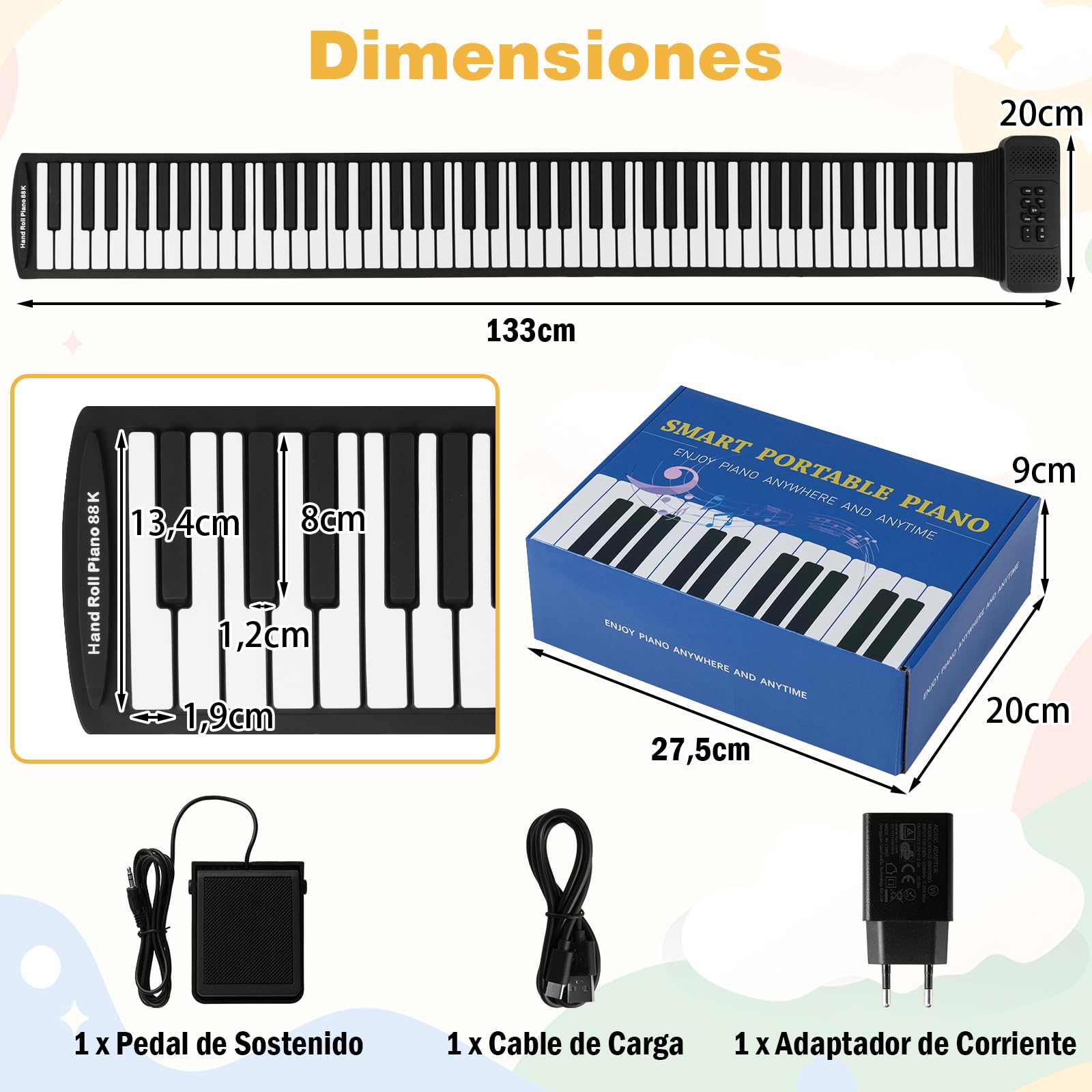GOPLUS Piano Digital Enrollable, Teclado Plegable de 88 Teclas con 128 Ritmos y Sonidos, 14 Demostraciones, Interfaz MP3/USB/MIDI, Conexión Inalámbrica, Pedal de Sustain, para Principiantes