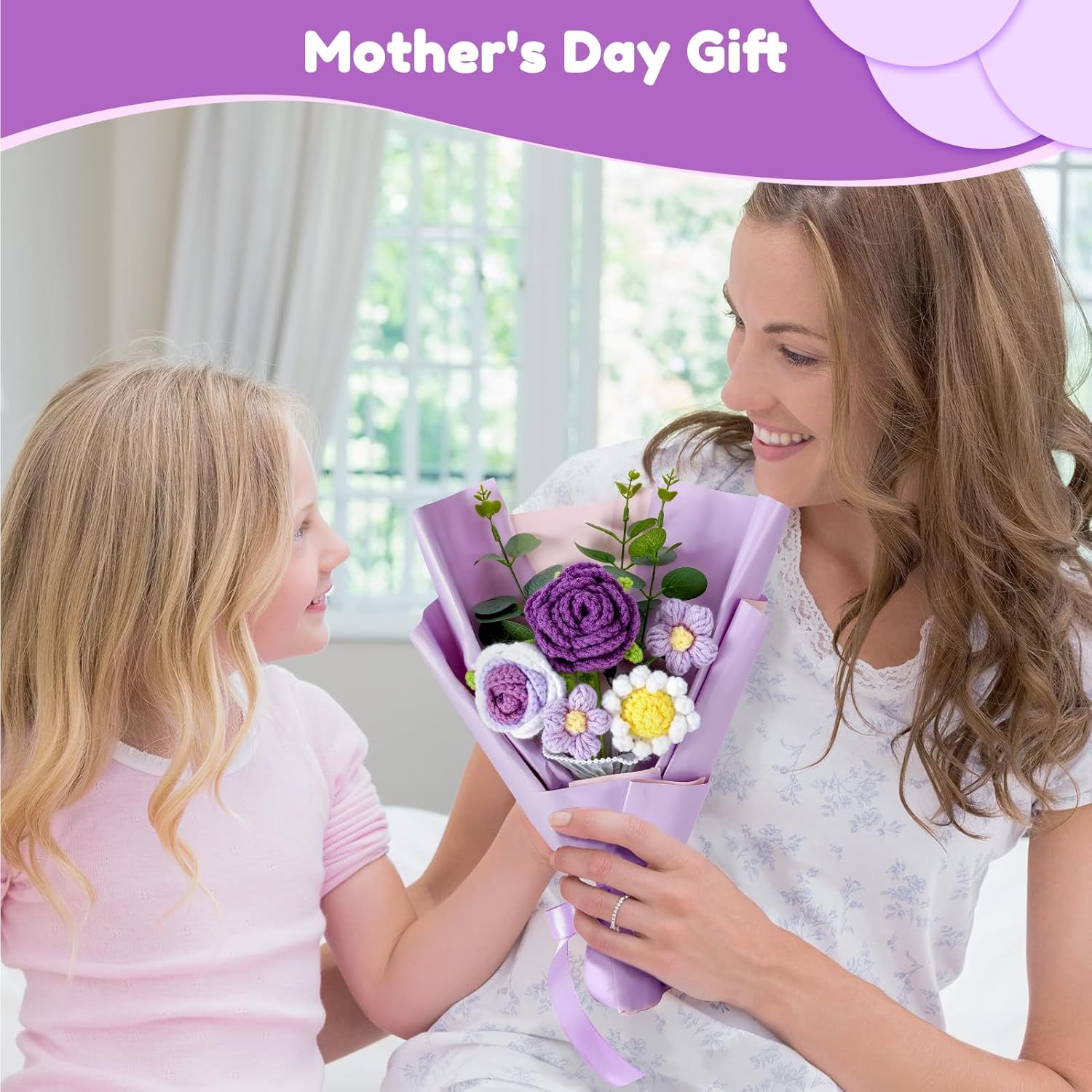 Omldggr Crochet Flowers Bouquet, Knitted Rose Daisy Bouquet with Exquisite Purple Wrap Eternal Blessing for Mom Gift, Christmas Valentine's Day Birthday Wedding for Her - Image 5