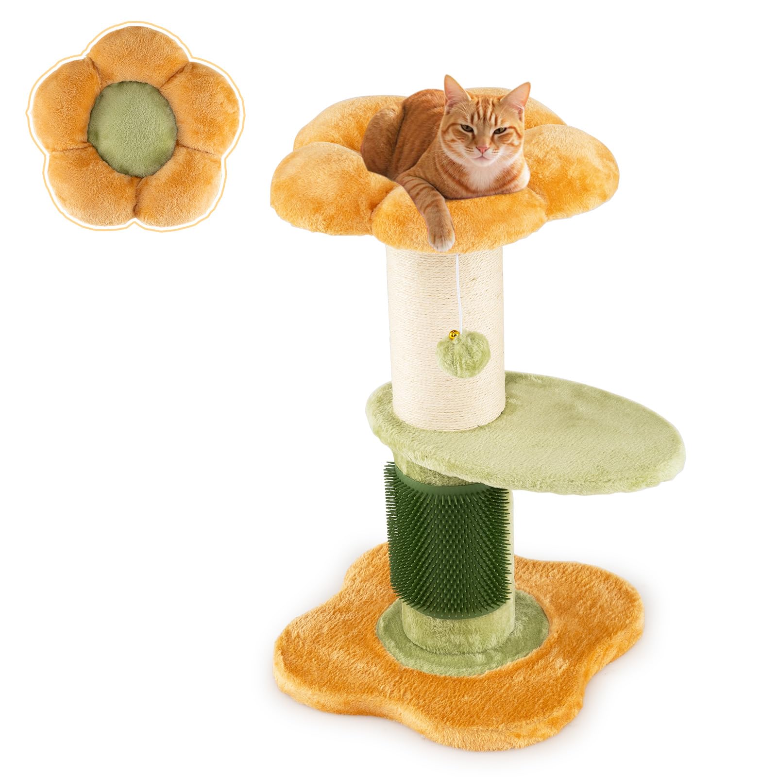 COSTWAY Árbol Rascador para Gatos 60cm, Diseño Flores, Torre Pequeña para Gatitos con Cama Acolchada de Tela Plush, Poste Rascador de Sisal, Bola Colgante, Árbol Pequño para Gatos, Interior (Amarillo)