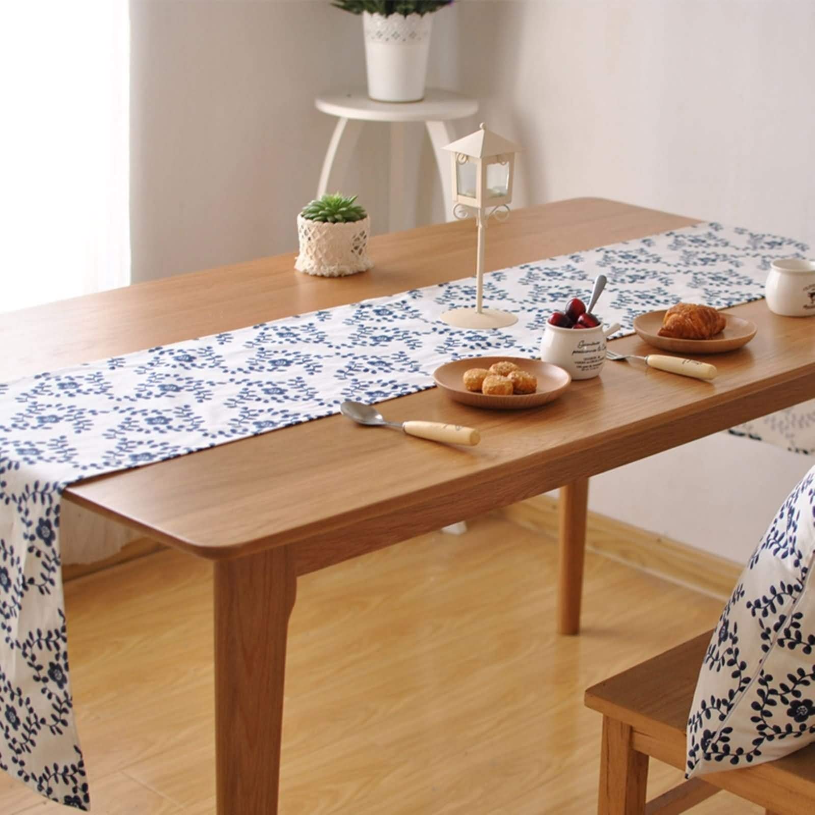 Świąteczny bieżnik na stół, świąteczny bieżnik na stół mały 35 x 220 cm niebieski biały kwiat wzór bawełna i len wesele urodziny dekoracja domu 35 x 220 cm
