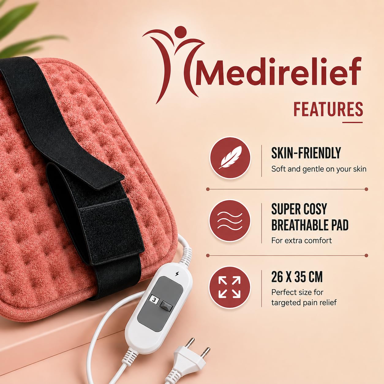 Medirelief Electric Heating Pad for Back Pain Relief | Orthopaedic Heating Belt for Neck, Shoulder, Knee & Muscle Pain | 3 Heat Settings | Fast & Even Heating | Soft Fabric | Overheat Protection ISO 13485 Certified (ROSE GOLD) 1