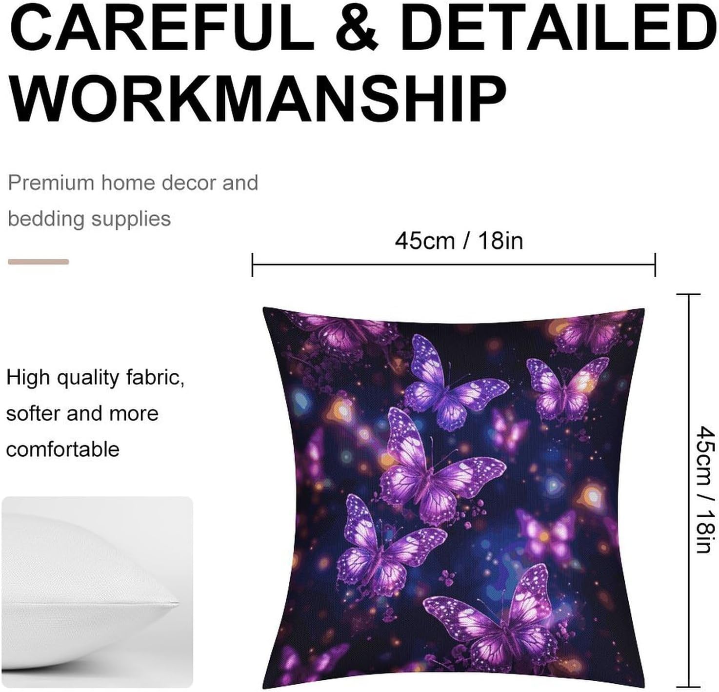 Purple Cute Butterfly Print Pillow Protectors Cute Waterproof Pillow Cover Soft Skin-Friendly Cushion Case Decorative Square Cushion Cover for Couch Sofa Bed Living Room Bedroom