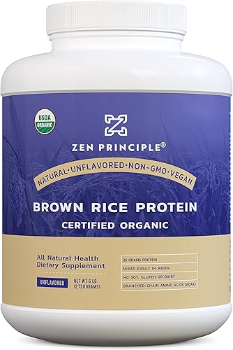 Proteína orgánica de arroz integral de 6 libras. Certificado por USDA. Sin sabor. 0.92 oz. Proteína por porción. Sin OMG. Sin soja, gluten ni
