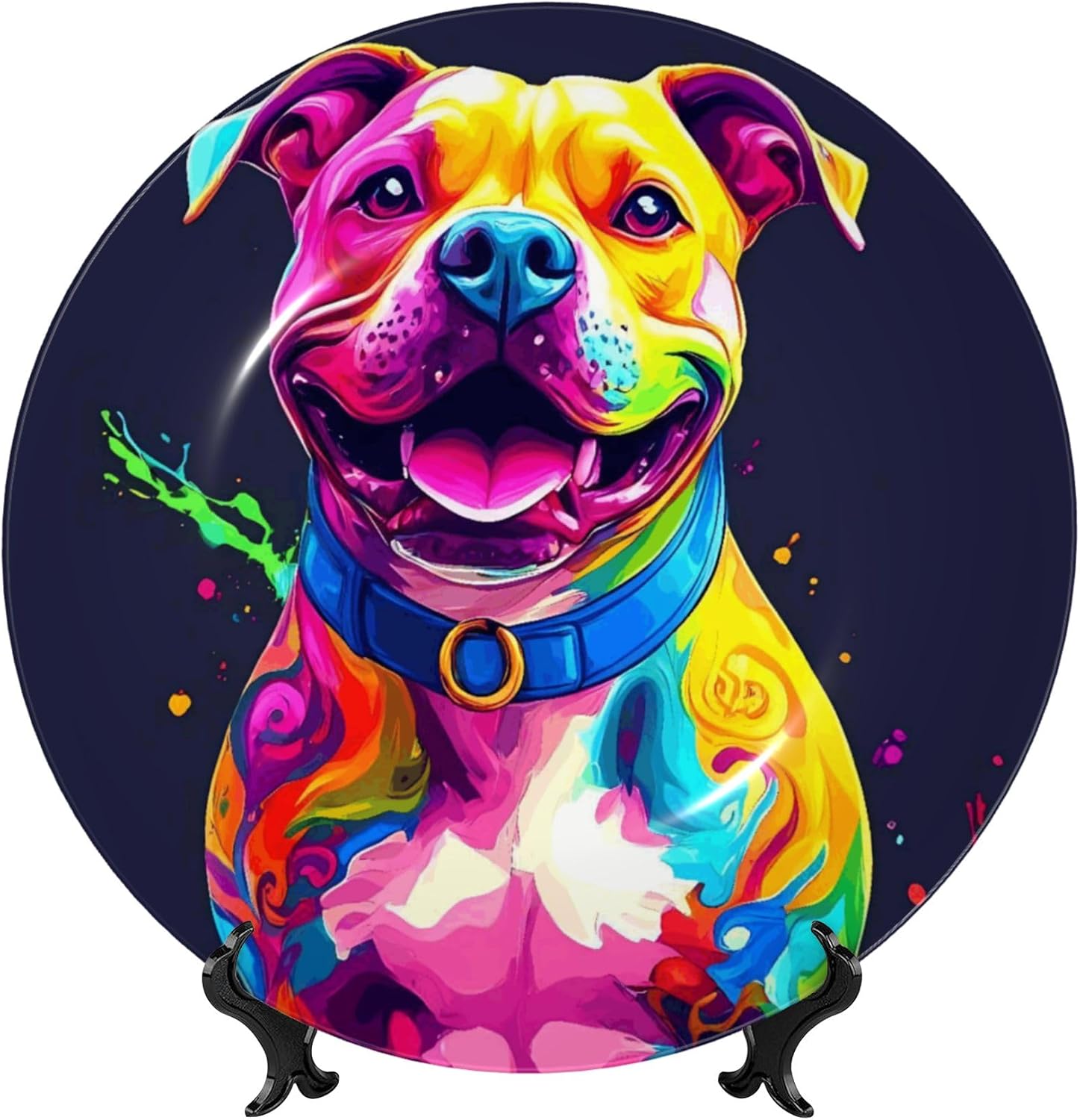 Decorative Plate Ceramic Plate for Wall Hanging 10in Accent Plate for Office Living Room Hallway Table Decor - Neon Pop Art Pitbull