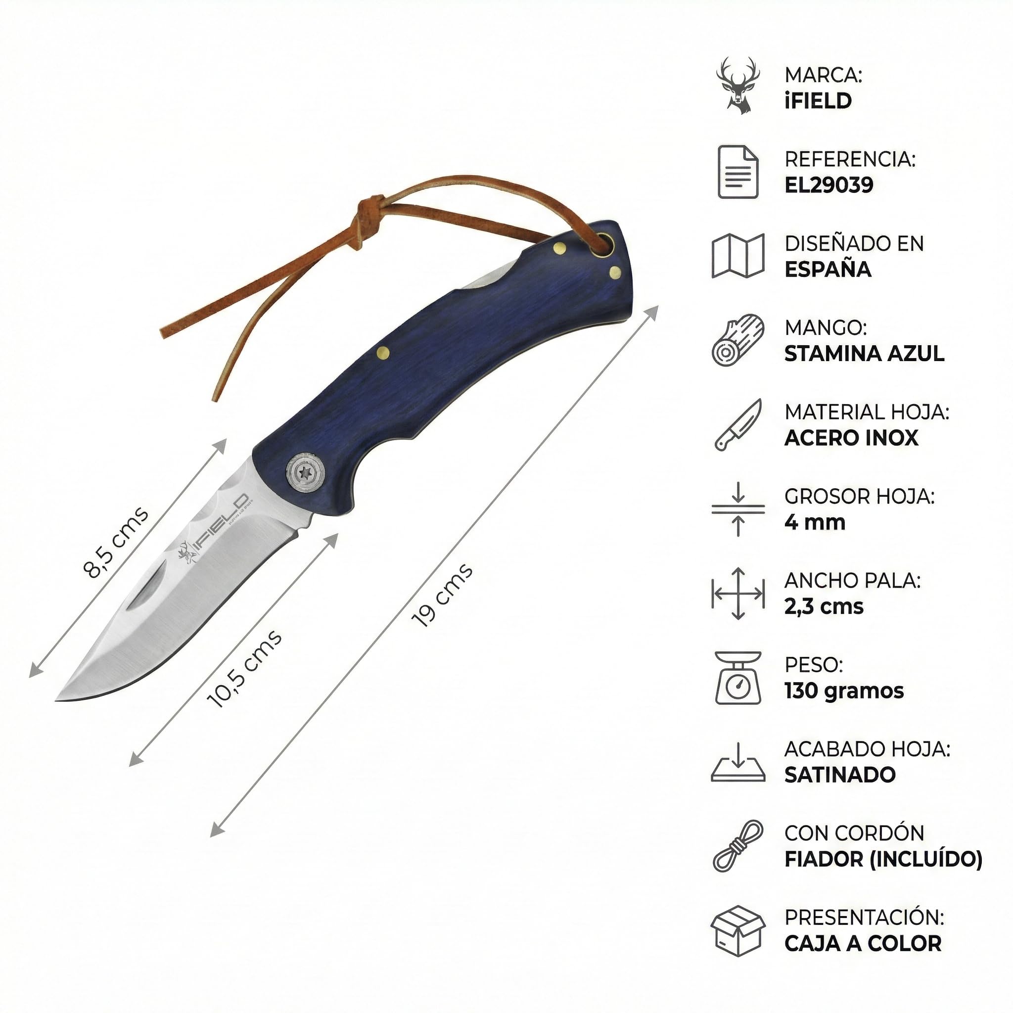 iFIELD EL29039 Coltello da caccia pieghevole Bushcraft Sopravvivenza Escursionismo Campeggio, lama in acciaio inox con manico blu stamina, Made in Albacete (Spagna)