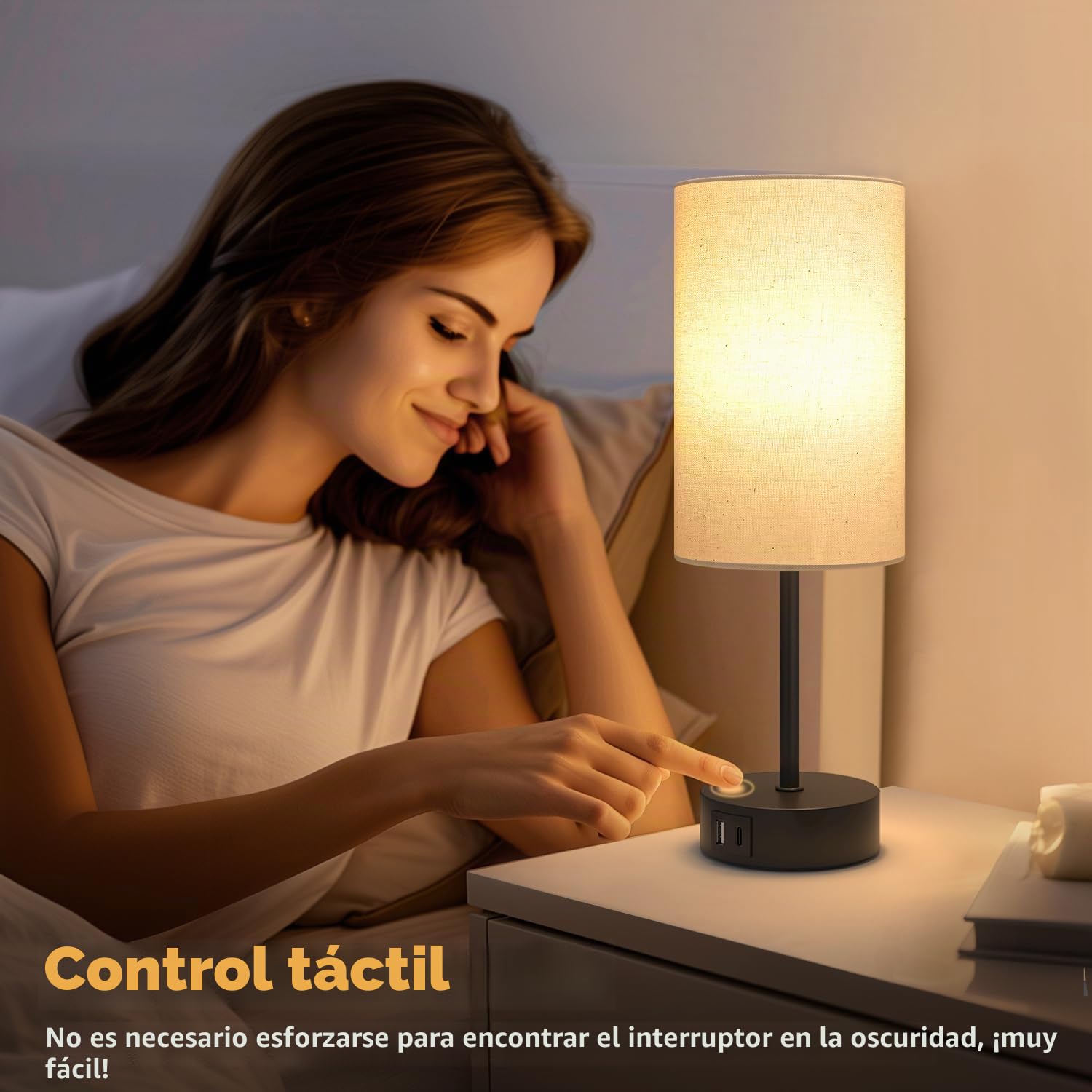 Lamparas de Mesita de Noche Tactil Regulable, Lampara de Mesa con Puertos de Carga USB A+C, Pantalla Lamparas de Lino, Lamparas Pequeña para Dormitorio, Sala de Estar, Habitación de Bebé