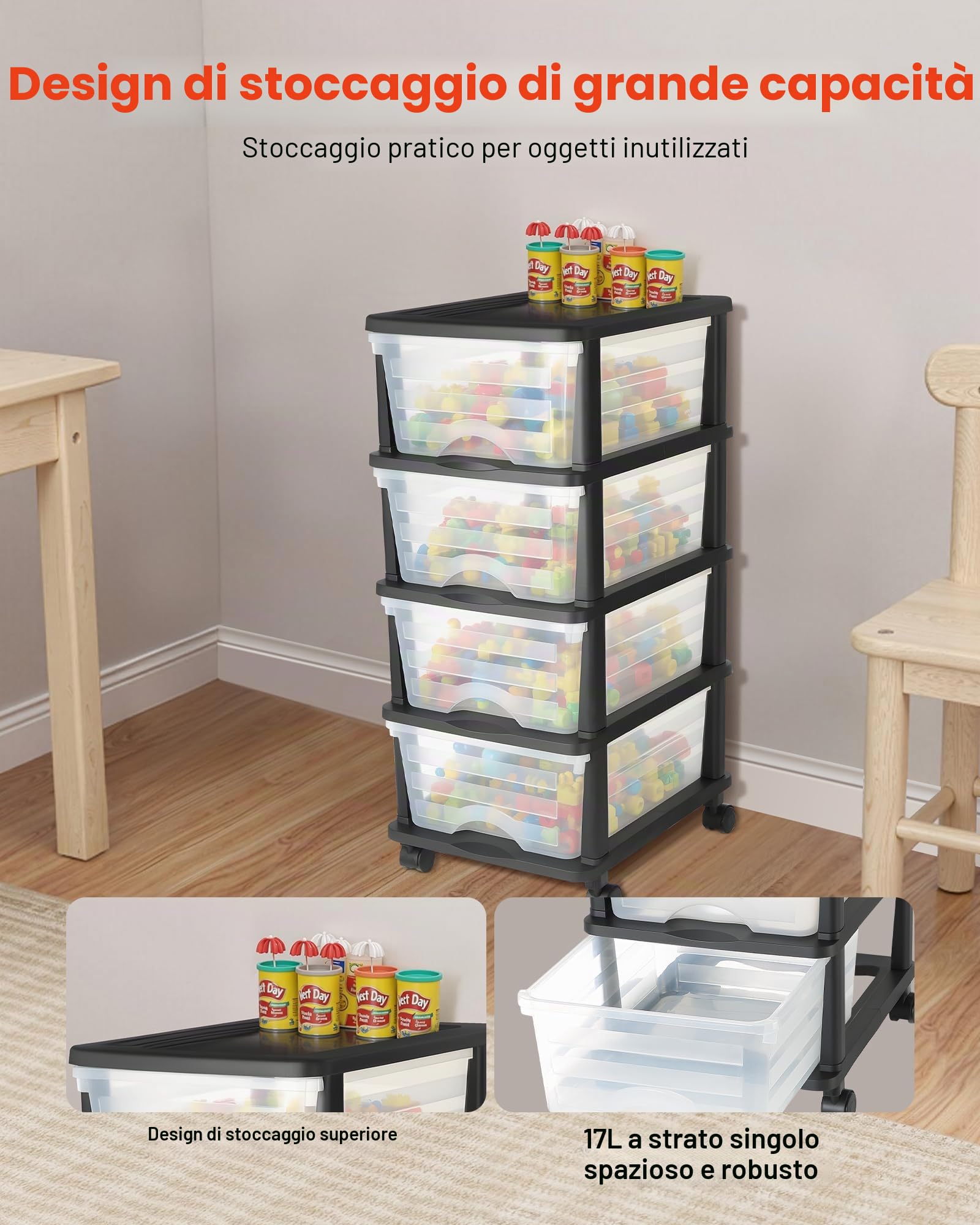VEVOR Carrello Portaoggetti in Plastica con 4 Cassetti, Torre Portaoggetti su Ruote, Scatola Mobile a 4 Livelli, Contenitore Trasparente per Forniture di Ufficio, Aule, Laboratori Artigianali