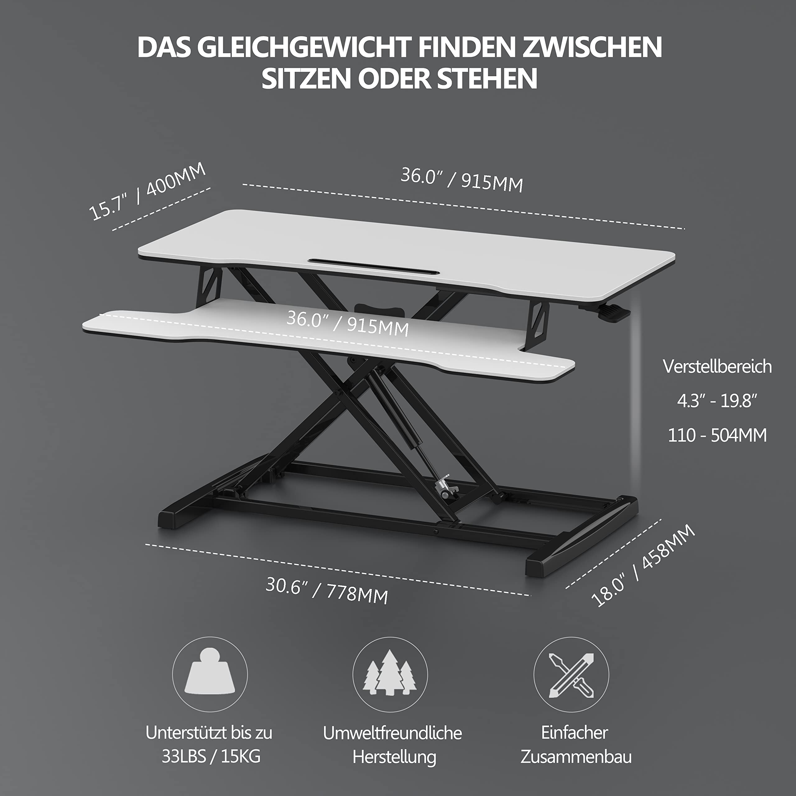 FITUEYES Höhenverstellbar Schreibtischaufsatz Büro Sitz Steh Computertisch 92 x 40 cm Stehpult mit Tastaturablage Geeignet für Zwei Monitore Weiß