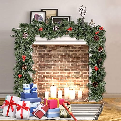 Miniatura 8 de Guirnalda de Navidad preiluminada de 10 pies con 50 luces LED, impermeable, funciona con pilas, guirnalda de pino predecorada con bayas rojas, piñas