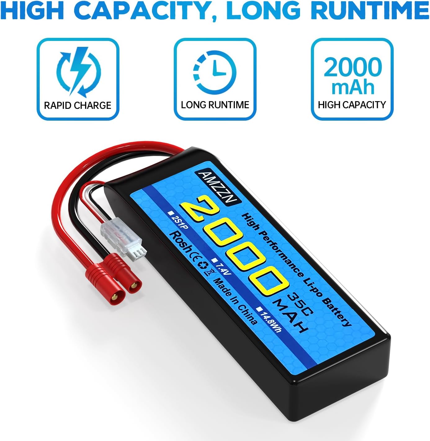 7.4V 2000mAh 35C 2S Lipo Battery with 3.5mm Banana Plug and USB Charging Cable for RC Car,Truck,Model Car,RC Ship,RC Quadcopter Aircraft,FPV Drone Battery