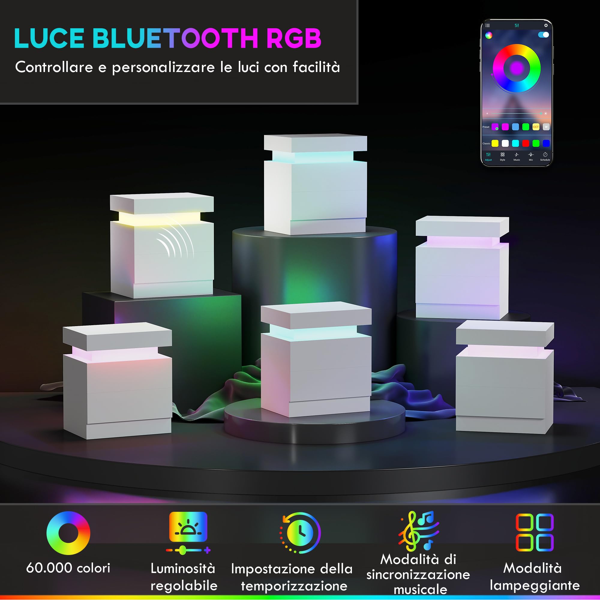 HOMCOM Comodino Camera da Letto LED 2 Cassetti 45x35x52 cm Bianco Lucido