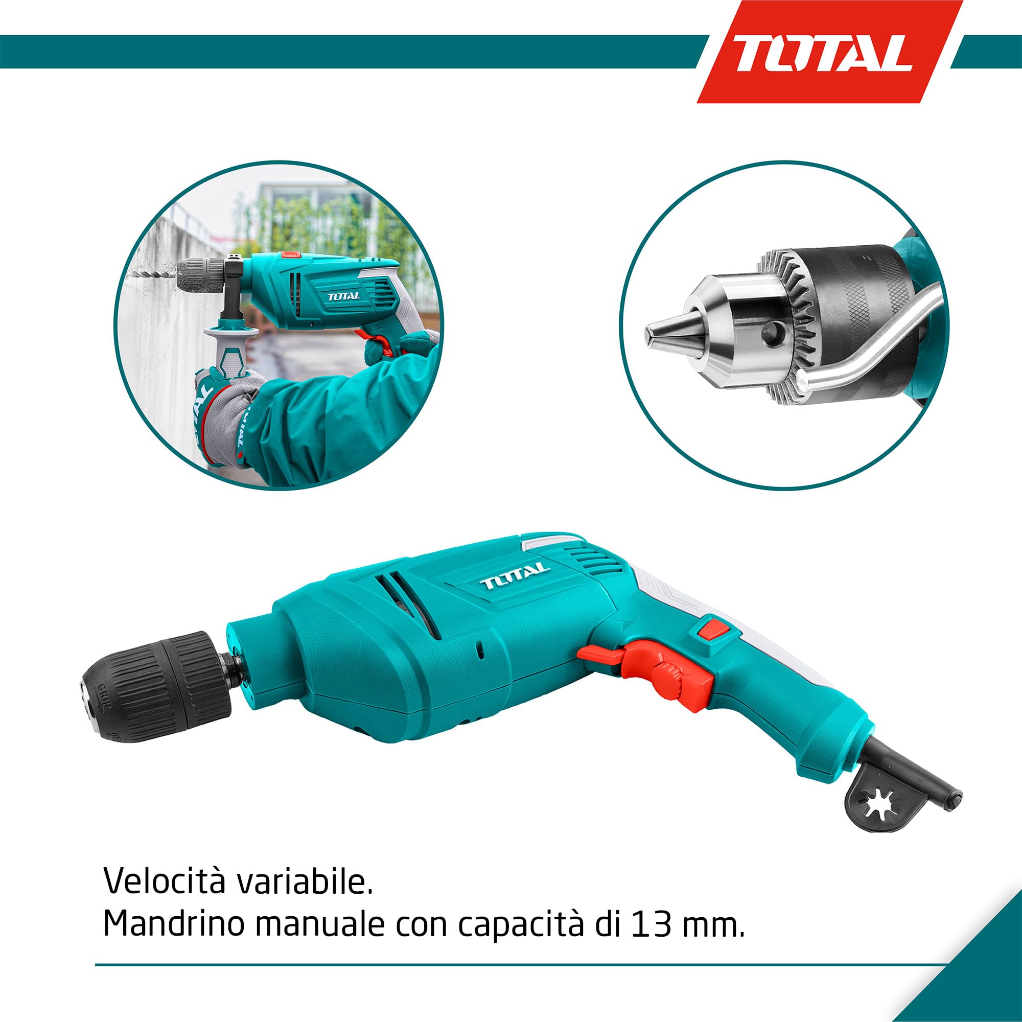 TOTAL - Trapano a percussione 850W con mandrino senza chiave da 13 mm e funzione martello per calcestruzzo
