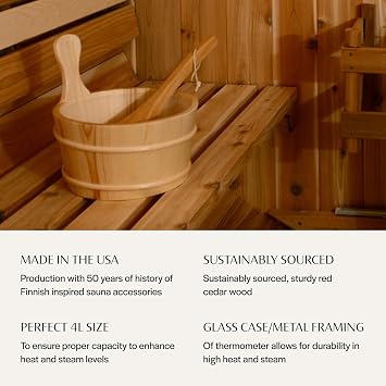 Almost Heaven Sauna Bucket & Ladle Set with Thermometer, Cedar Wood Bucket with Handle, Made in USA - Hot Rock Stirring Ladle - Luxury Accessories - Perfect Heat and Steam
