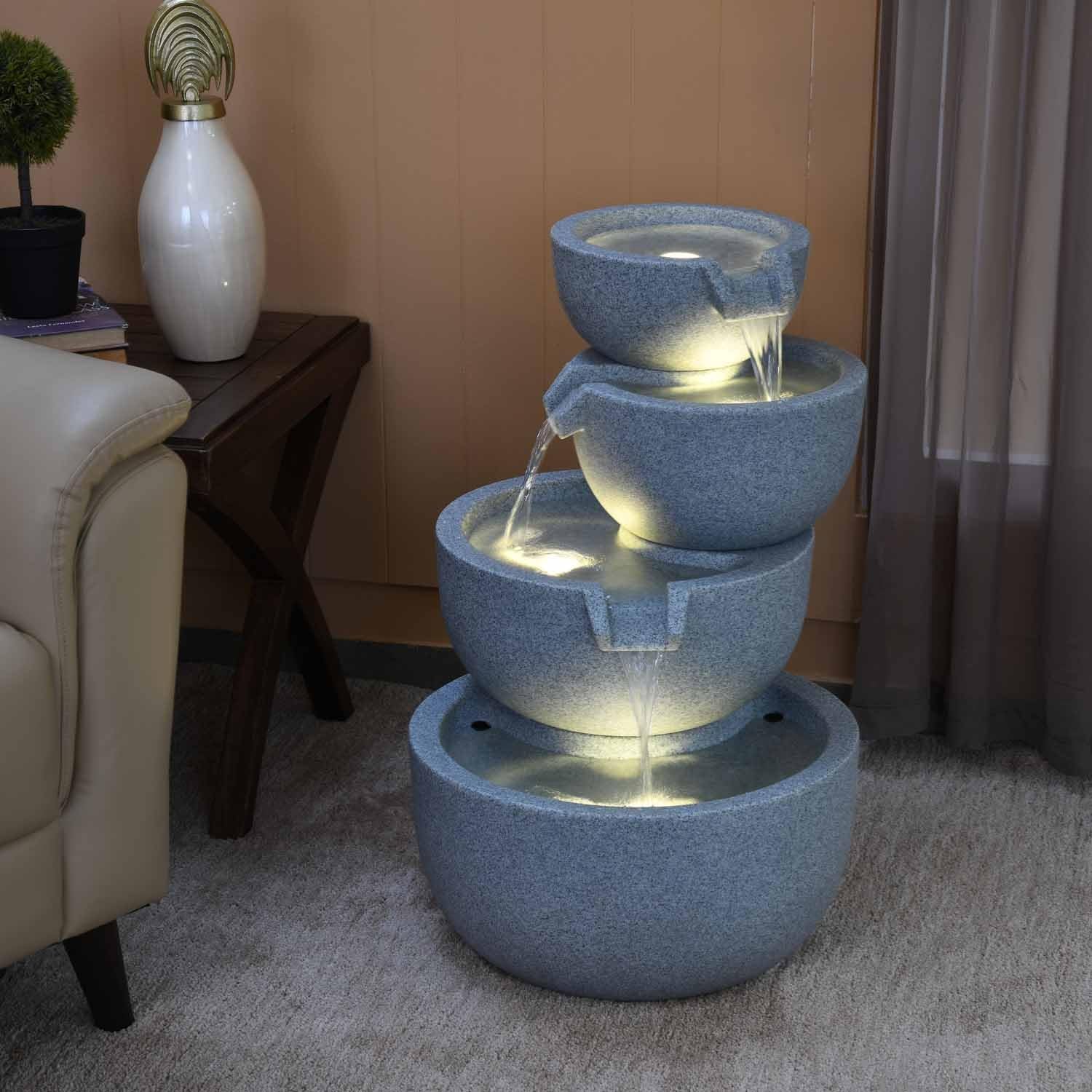 4-Tier Cascading Water Fountain, Grey Stone-Look Decorative Bowls, Indoor Outdoor Garden Decor, Electric Powered, 72 cm Height-image-19
