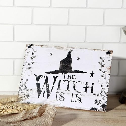 Miniatura 3 de LUOEM Letrero colgante de bienvenida de Halloween, tablero de placa de madera para casa embrujada - La bruja está en