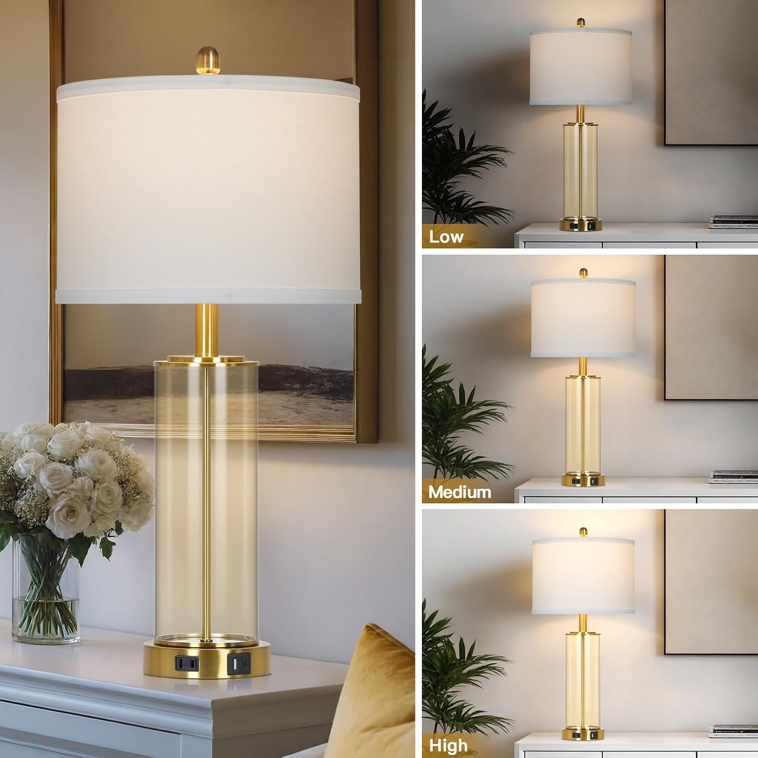 26" Modern Brown Glass Table Lamps Set of 2, Bedside Lamp with USB A+C Ports & AC Outlet, Living Room Lamps with 3-Way Dimmable Touch Control, Stylish Bedside Lamp for Bedroom Nightstand Dining Table image 4