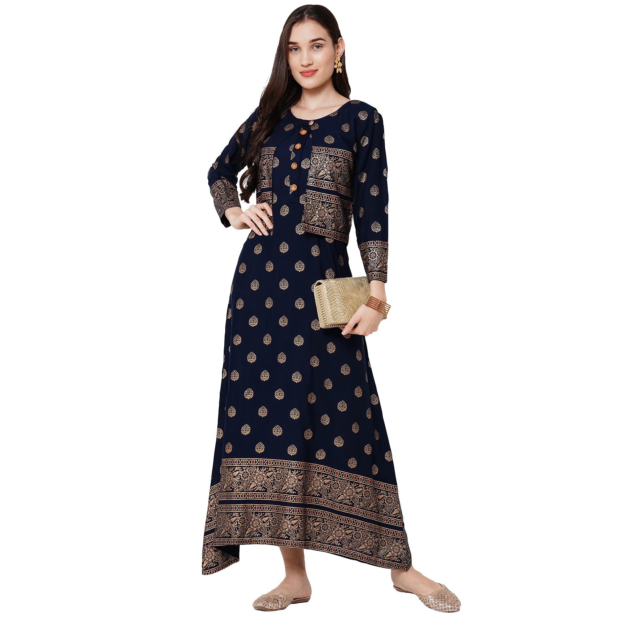 GoSriKi Women's Rayon Foil Printed Kurta with Jacket (Vinay Blue) in blue