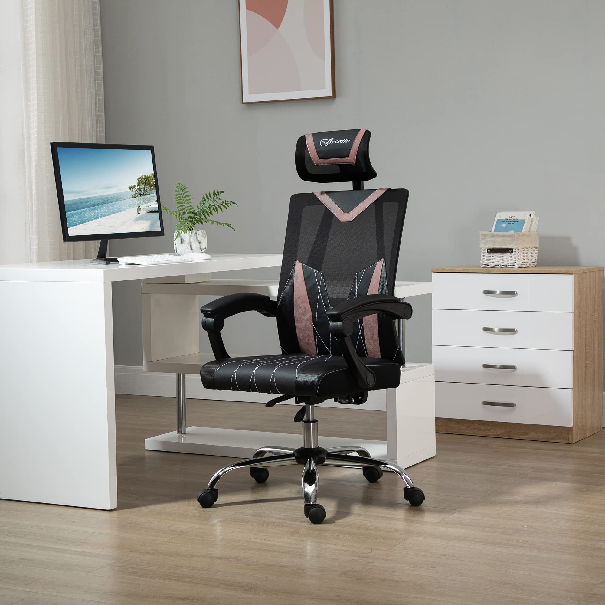 Vinsetto Sedia da Ufficio Ergonomica con Rotelle 58x62.5x112-120cm Rosa
