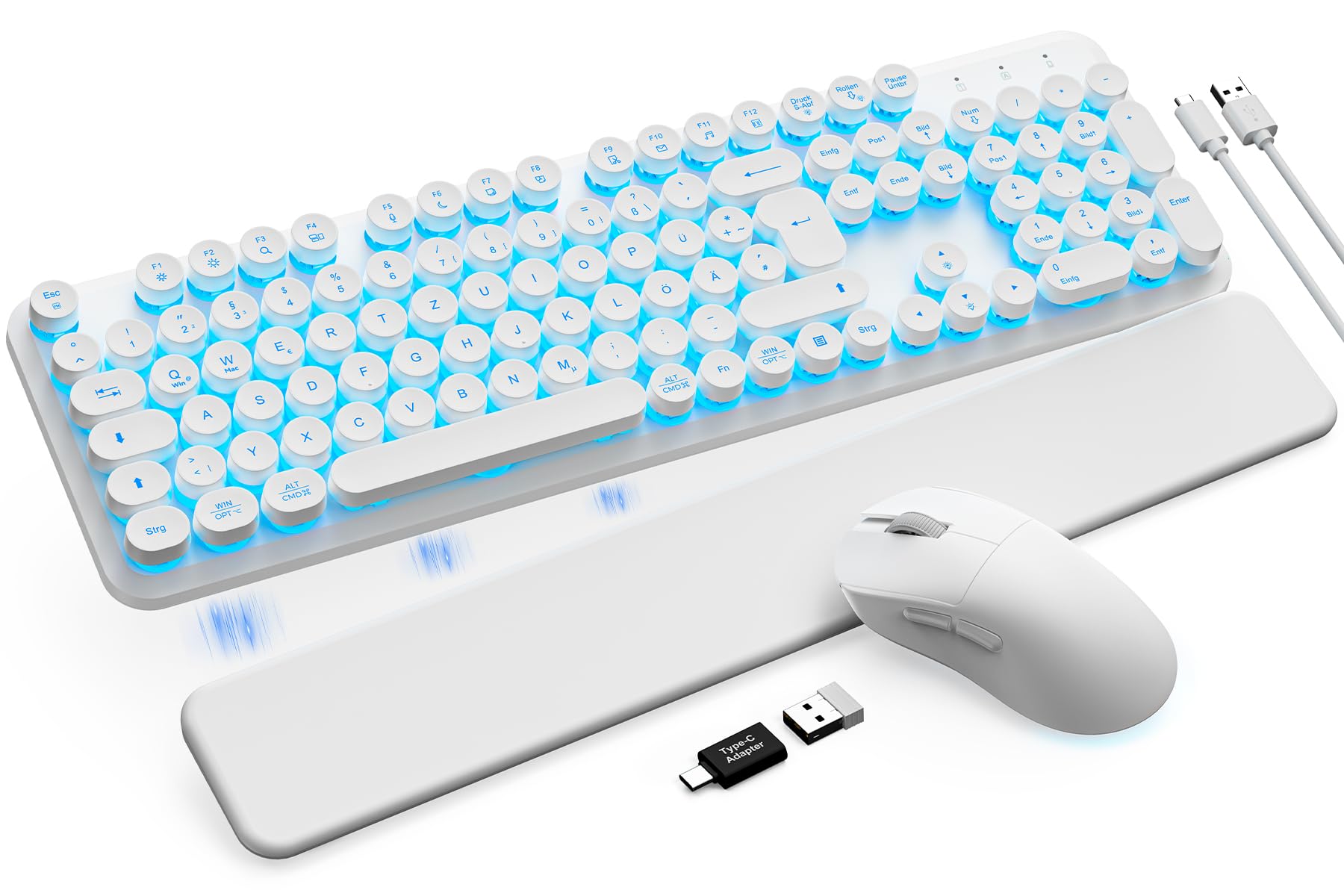 Sablute Tastatur Maus Set Kabellos QWERTZ mit beleuchteten Rundtasten | 105 Tasten, 7 Lichtfarben, magnetische Handballenauflage, USB-C aufladbar, 2,4 GHz USB Empfänger, 6-Tasten-Maus