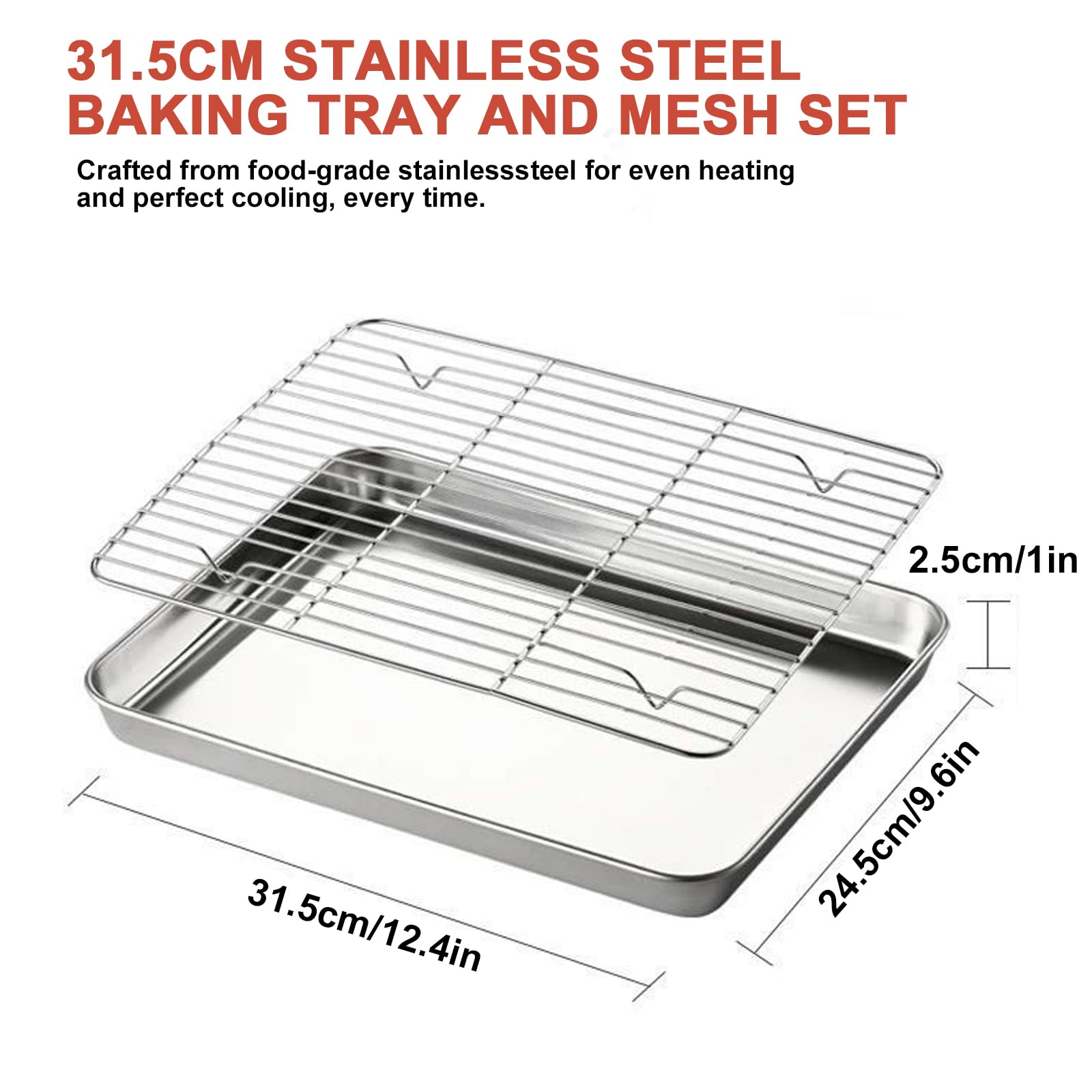 Teglia da forno con griglia di raffreddamento, 40,5 x 30,5 x 2,5 cm, in acciaio inox, superficie lucida, rettangolare, con griglia per torte, per cottura e cucina, argento