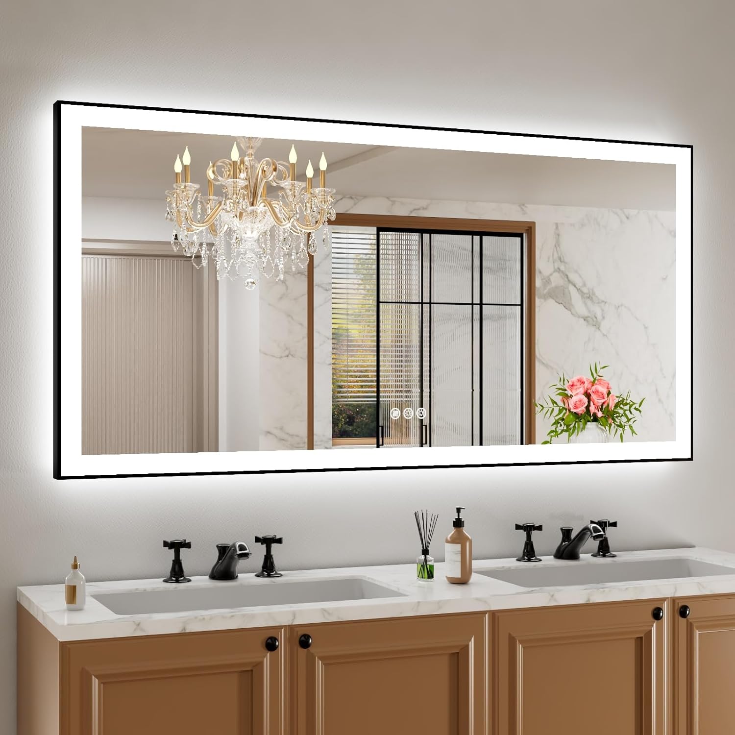 Amorho 60" X30" LED Bathroom Mirror with Black Frame, Front Light and Backlit(Controlled Separately), Stepless Dimmable, Anti-Fog, Shatter-Proof, 3 Colors, Memory 60"L x 30"W Front and Backlit With Frame(separate Dimming)