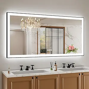 Amorho 60" X30" LED Bathroom Mirror with Black Frame, Front Light and Backlit(Controlled Separately), Stepless Dimmable, Anti-Fog, Shatter-Proof, 3 Colors, Memory
