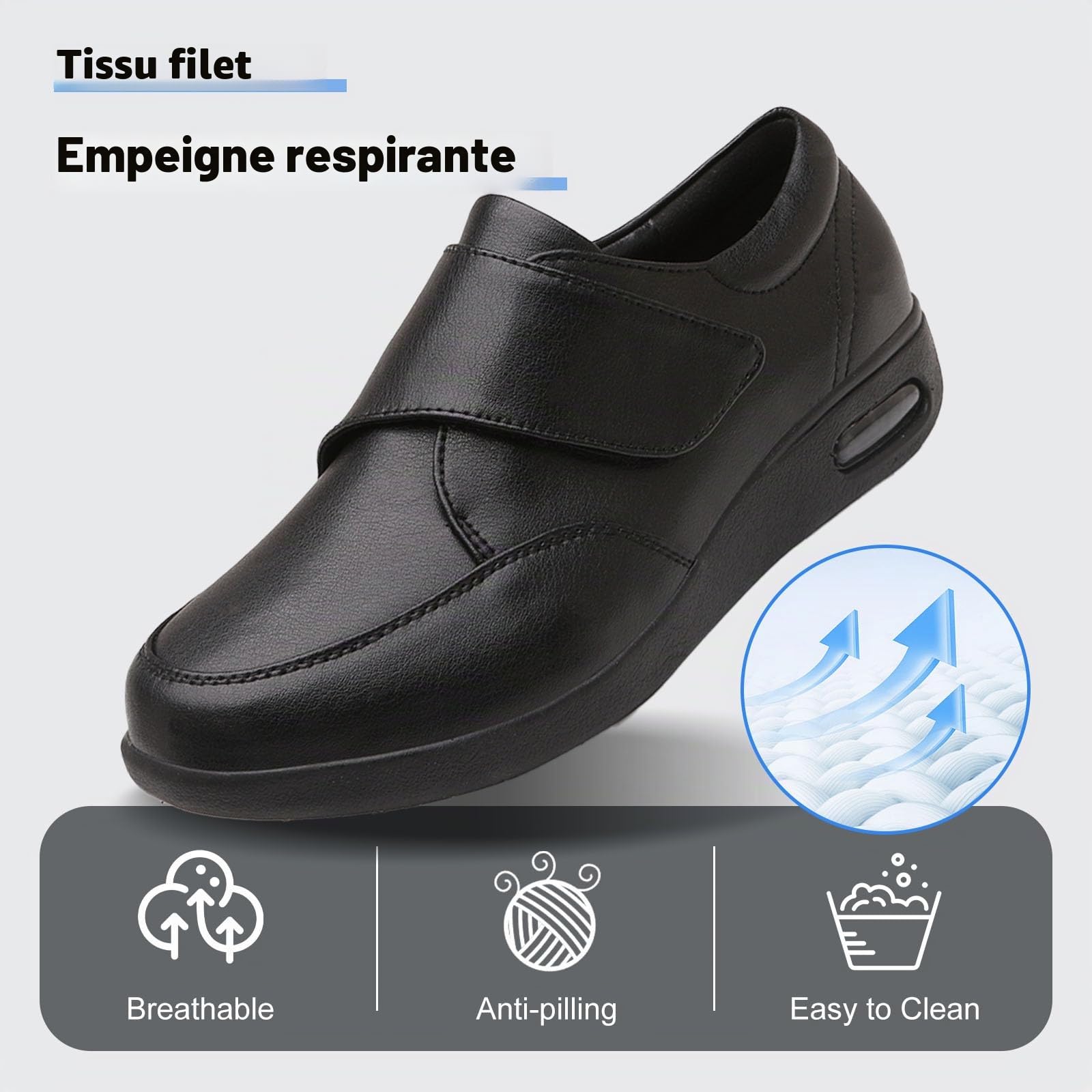 Chaussures Cuir,Hommes Chaussures Marche Diabète,Arthrite œdèmes Pieds Gonflés Chaussures Ajustables pour Personnes Âgées Chaussures de Bandage Pantoufles,Noir,42EU