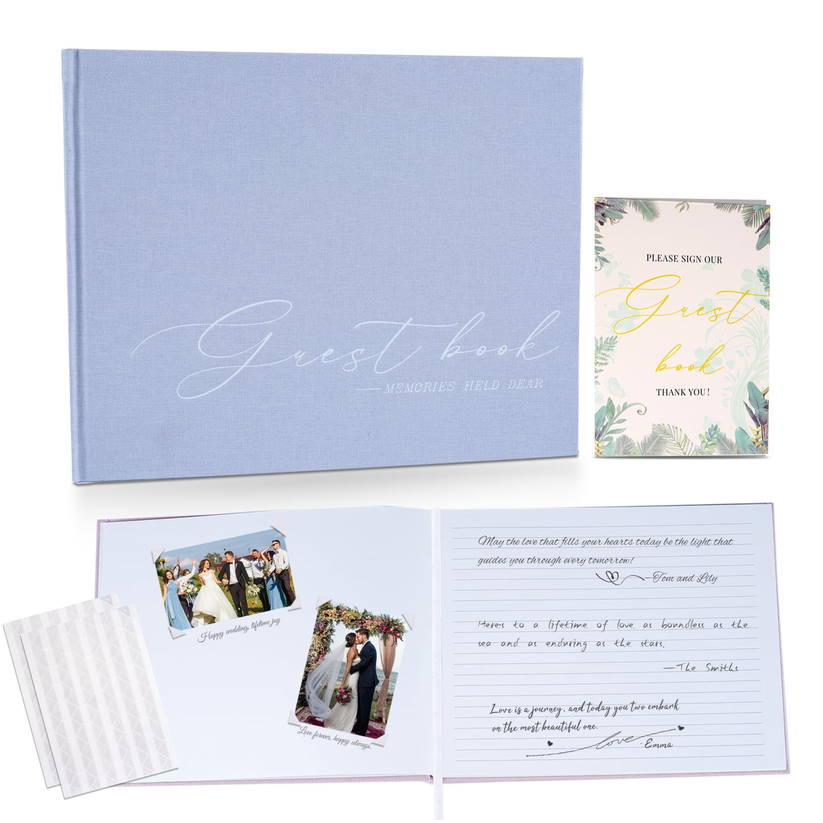 Hochzeitsgästebuch für Empfang & Babyparty – Elegantes Gästebuch aus Leinen für Polaroid-Fotos & Unterschriften mit "Please Sign" Karte & Fotoecken, 100 Seiten