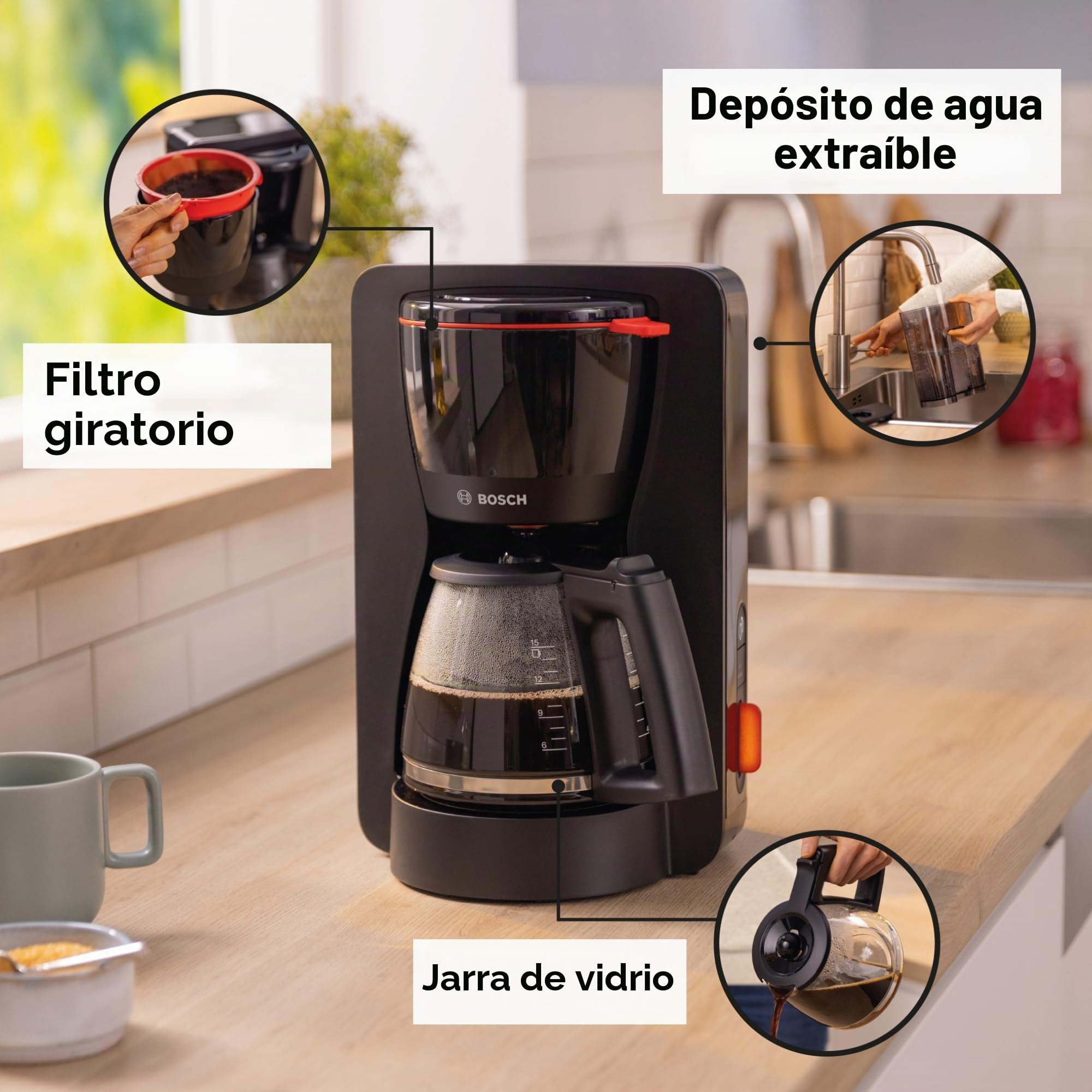 Bosch MyMoment TKA3M133 - Cafetera filtro, jarra de cristal de 1,25 l, para 10 a 15 tazas, función de mantenimiento caliente 60 min, sistema antigoteo, soporte de filtro giratorio, programa de