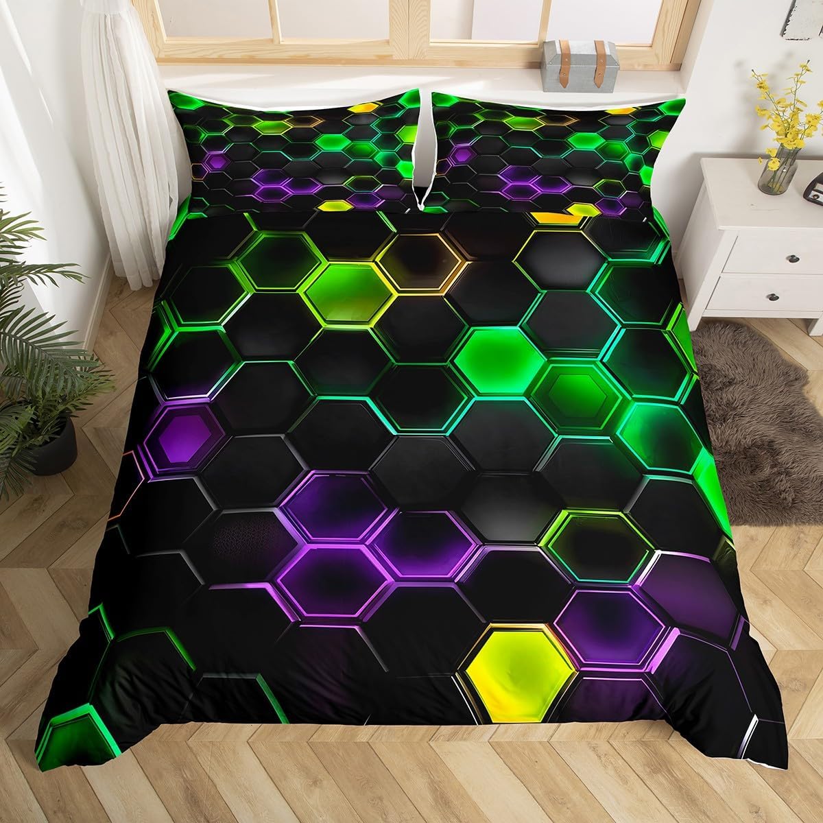 jejeloiu Boys Girls Hexagonal Duvet Cover Toddler Size, Honeycomb Comforter Cover Kids Geometric Bedding Set Black Blue Red Teens Bedroom Decor Bed Set with 1 Pillow Case (No Comforter)