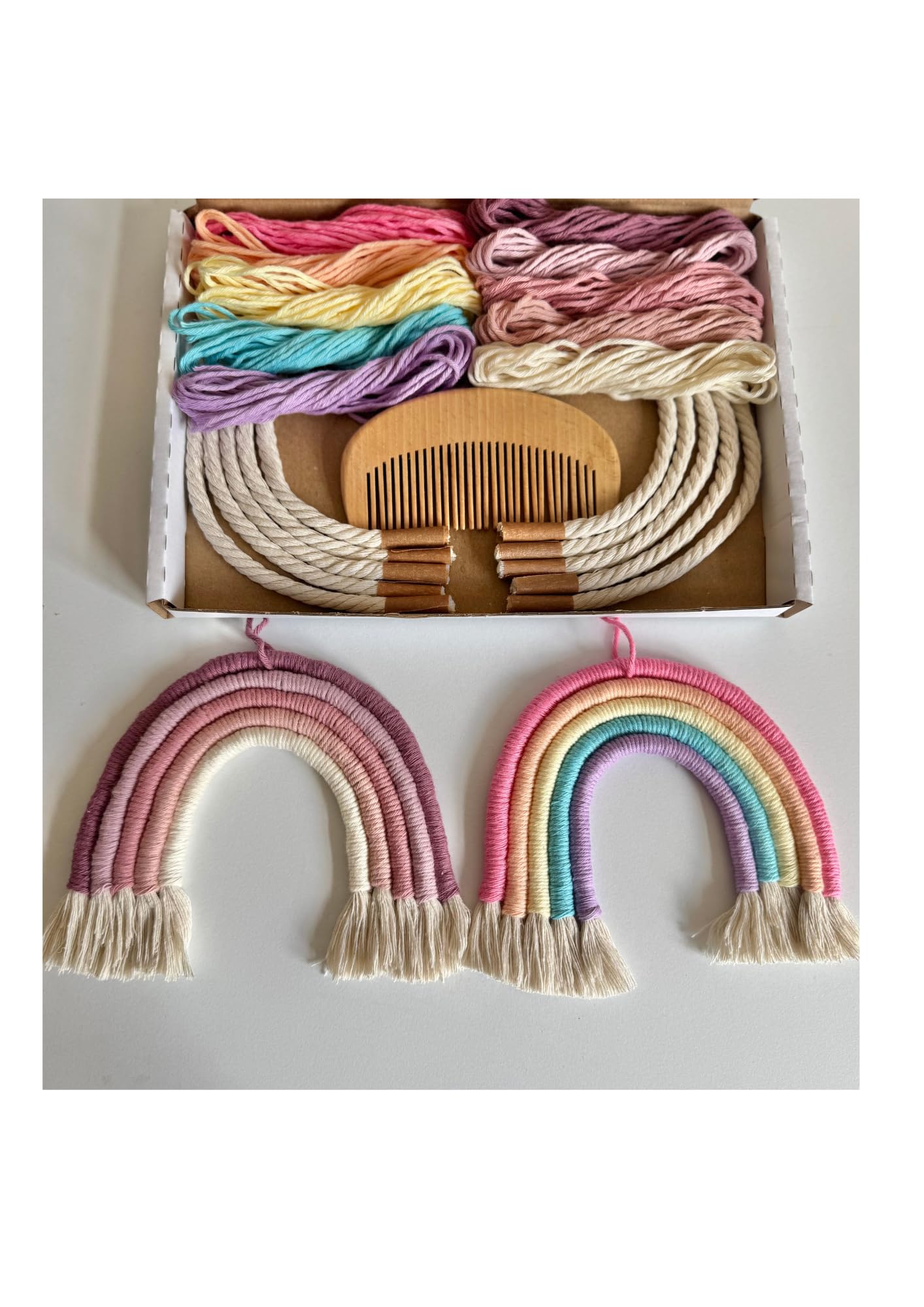 Enia Store DIY Set of 2 Macrame Rainbows Wall Hangings Craft Kit for Begginers, Pink, Purple, Yellow, Turquoise, White