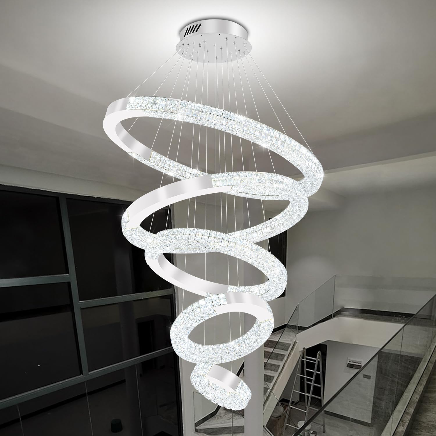 Large Ring Chandelier Modern LED 5 Ring Crystal Chandelier Lighting for High Ceiling Foyer Staircase Chandeliers Silver D12''+20''+28''+35''+43"