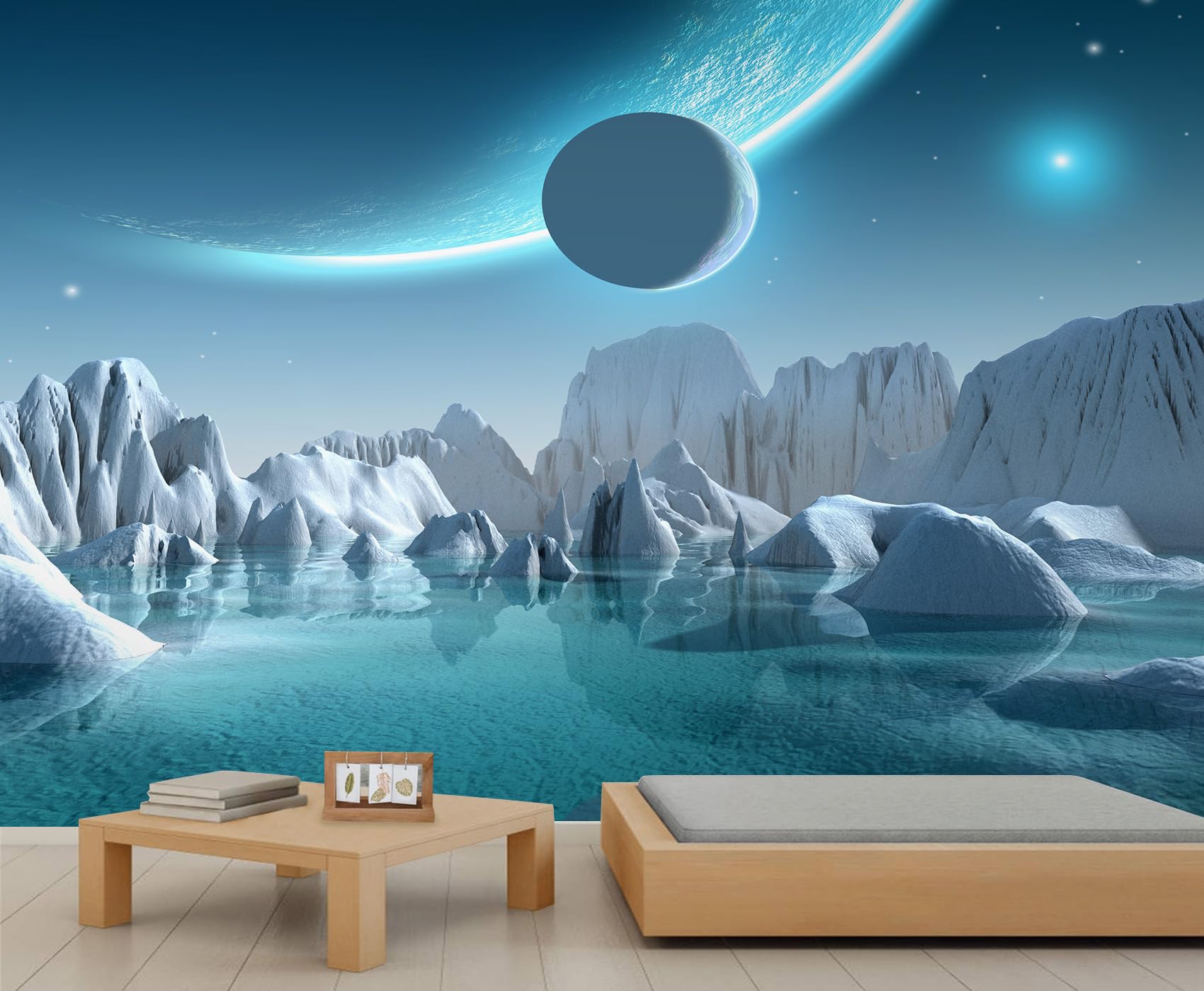 Cosmic Landscape Mural Ice and Snow World Universe Starry Sky Wall Murals 3D Galaxy Planet Wallpaper 3D Space Wallpaper for Living Room Bedroom 300 x 210 cm
