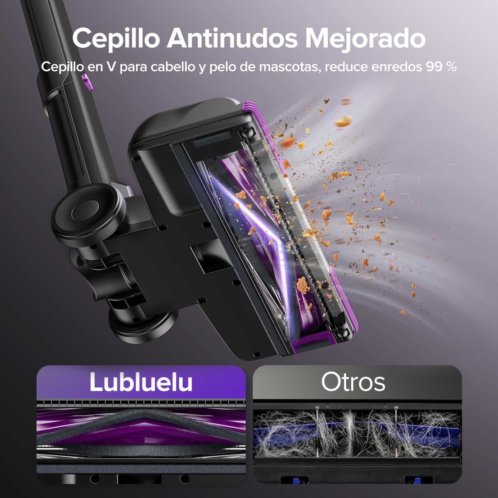 Lubluelu Aspiradora inalámbrica 45 kPa 400 W, potente aspiradora con batería de 50 minutos, cepillo de suelo antienredos y 2 filtros, ideal para suelos duros, alfombras y pelo de animales (gris oscuro
