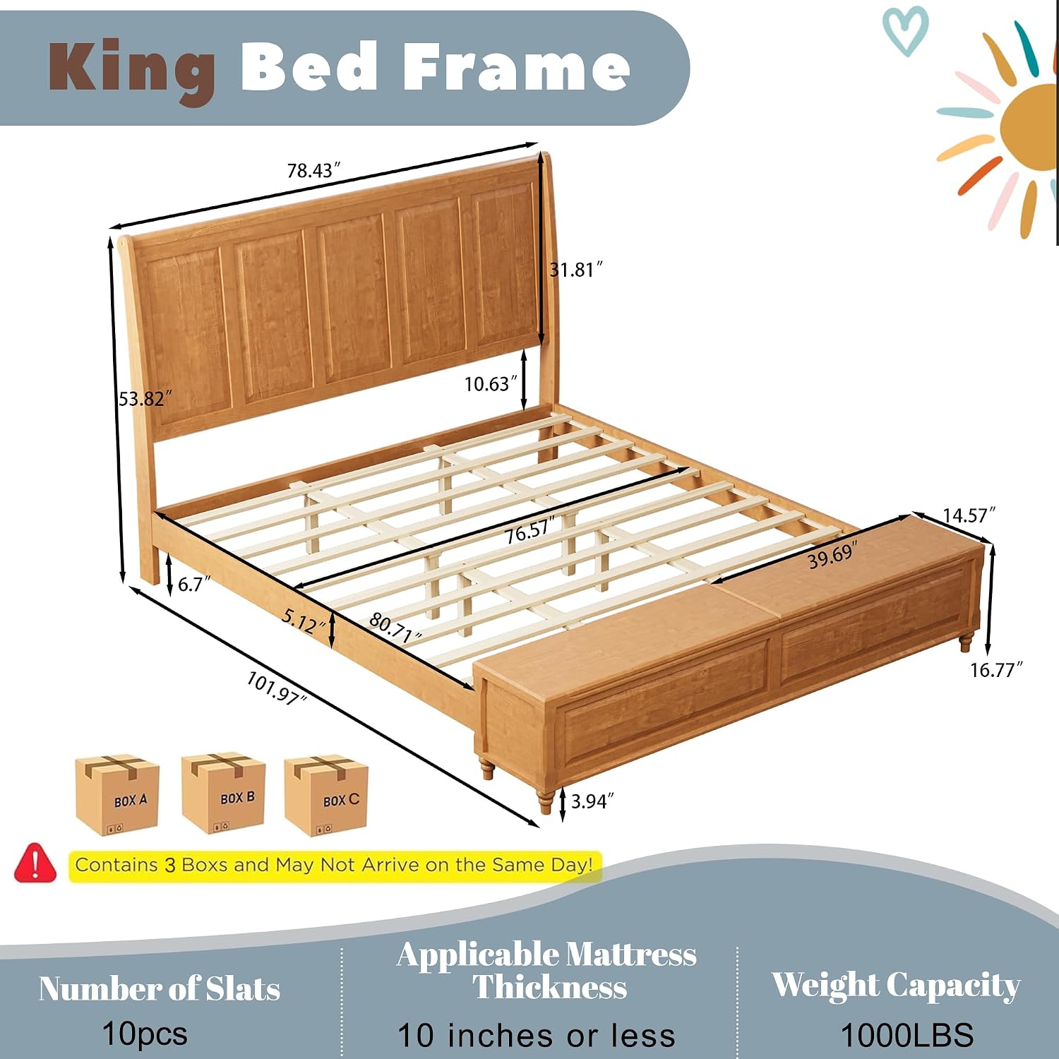 King Bed Frame with 53" Tall Headboard and Storage Bench, Solid Wood King Size Platform Bed with 64" Footboard Storage Chest,Heavy Duty Slats System,No Box Spring Needed, Natural
